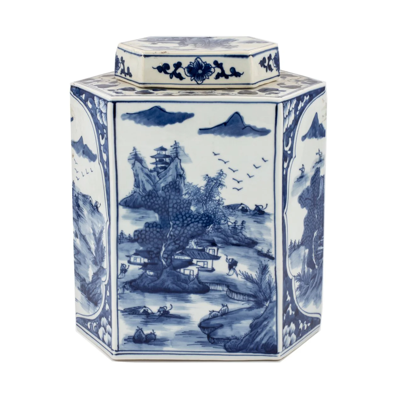 Legend of Asia Blue And White Flat Hex Jar River Village Scene