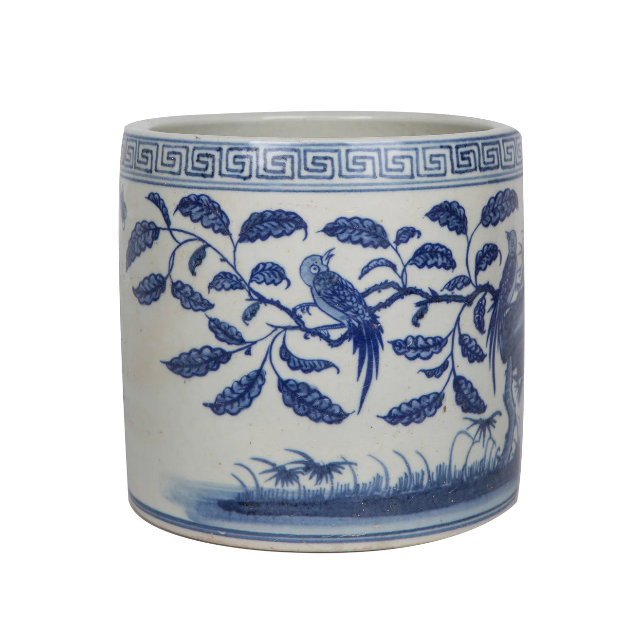 Legend of Asia Blue And White Flower Bird Greek Key Cachepot - Image 3