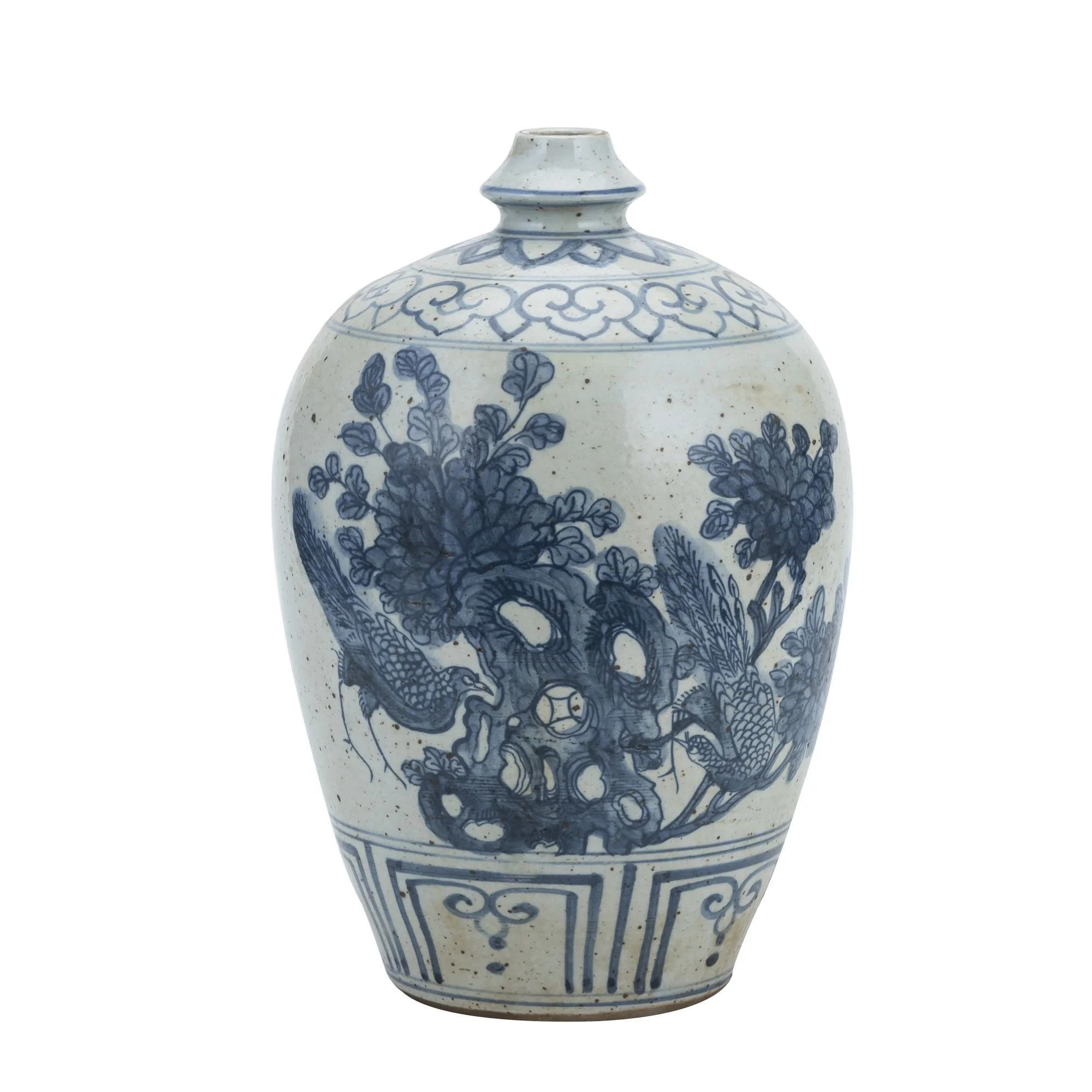 Legend of Asia Blue And White Garlic Head Vase Flower Bird Motif