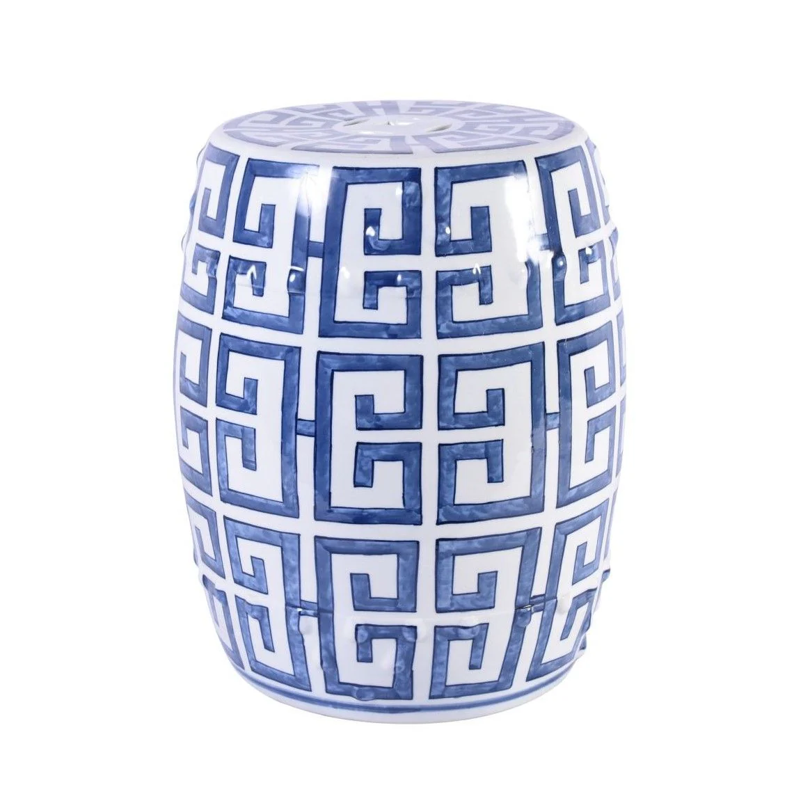 Legend of Asia Blue and White Greek Key Garden Stool