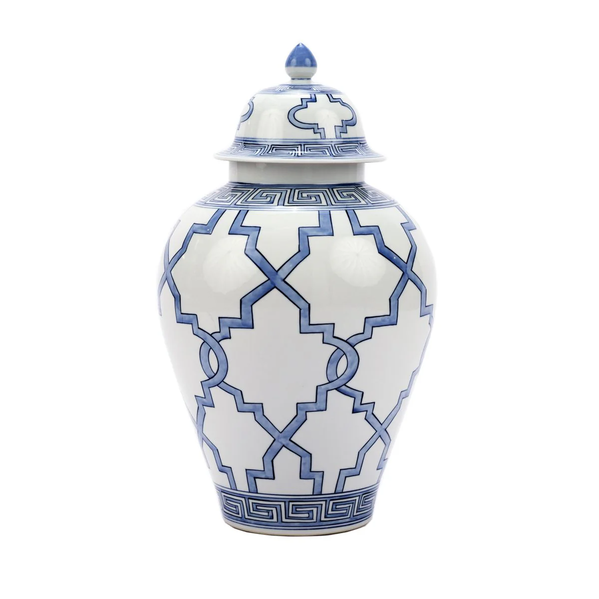 Legend of Asia Blue And White Greek Key Grids Porcelain Temple Jar
