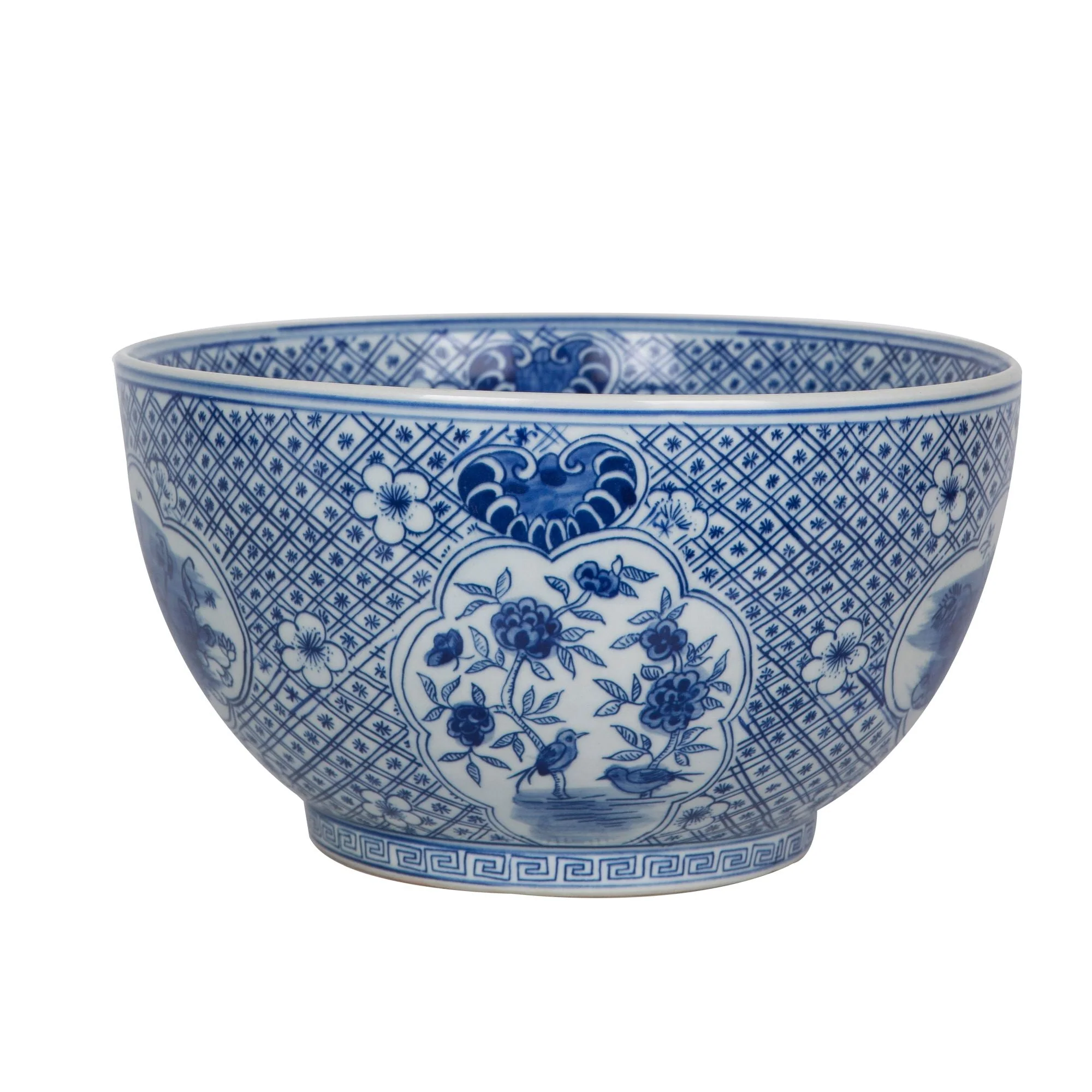 Legend of Asia Blue And White Medallion Flower Bird Bowl