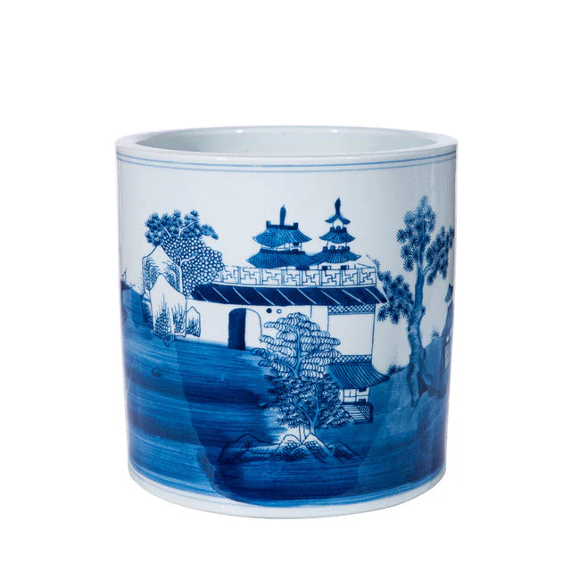 Legend of Asia Blue And White Mountaintop Temple Orchid Pot