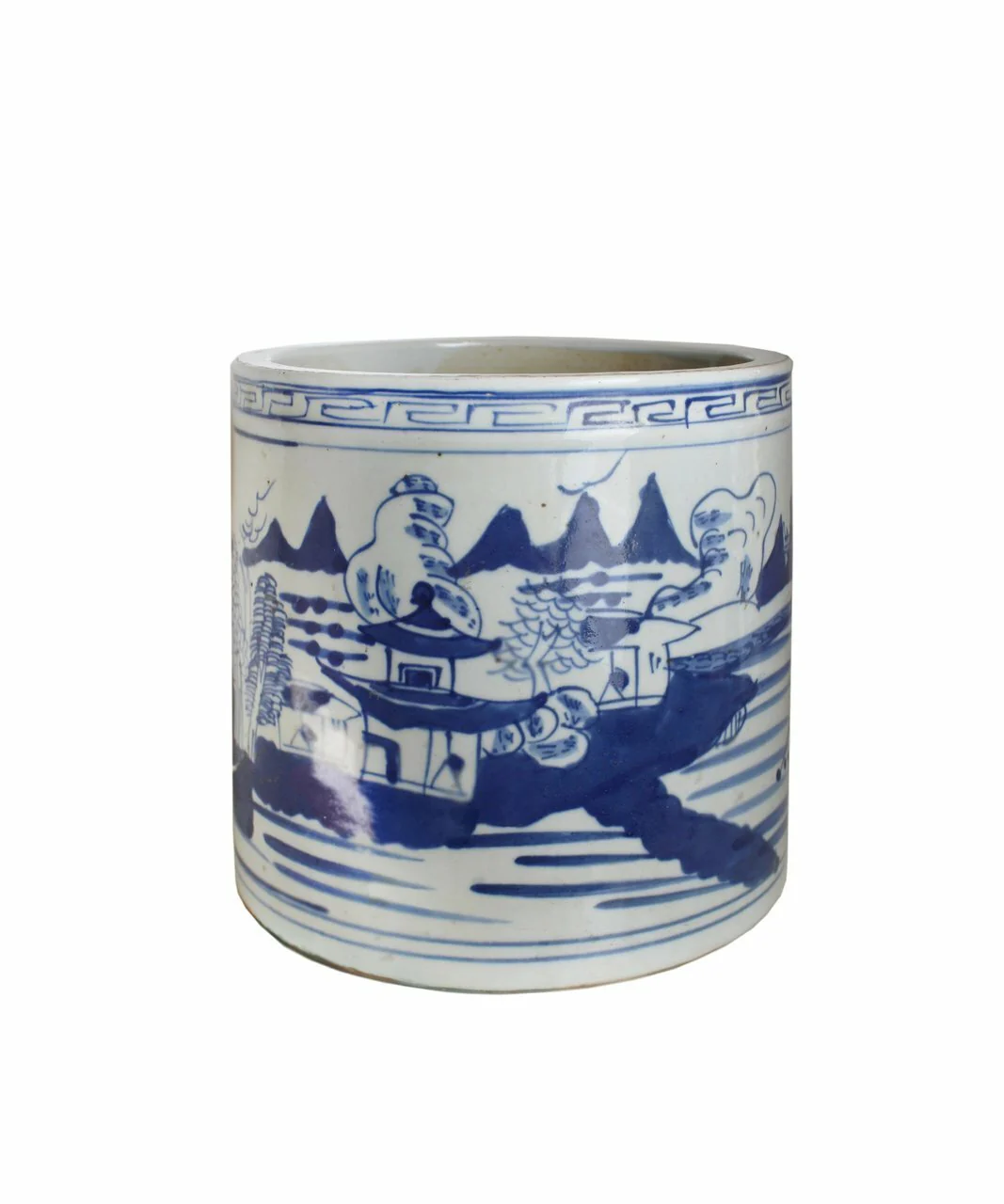 Legend of Asia Blue And White Orchid Pot Landscape With Greek Key Trim