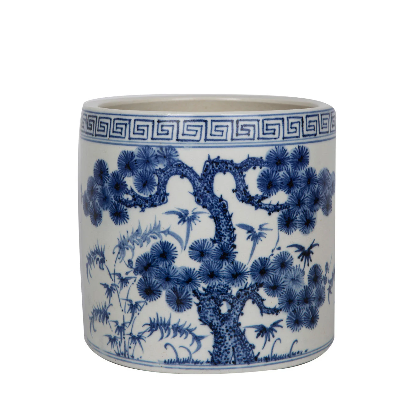Legend of Asia Blue And White Pine Tree Greek Key Cachepot