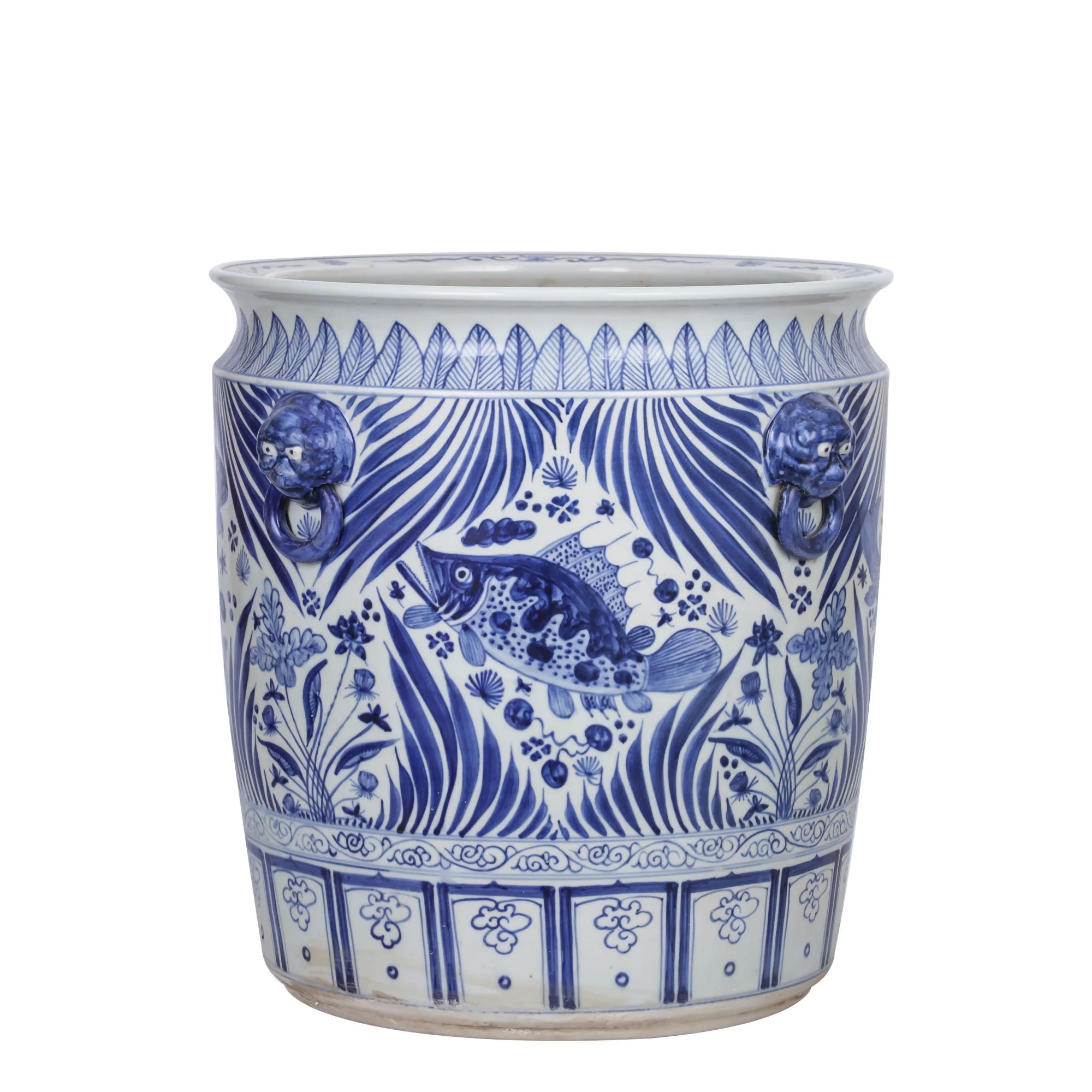 Legend of Asia Blue And White Porcelain Fish Planter With Lion Handle