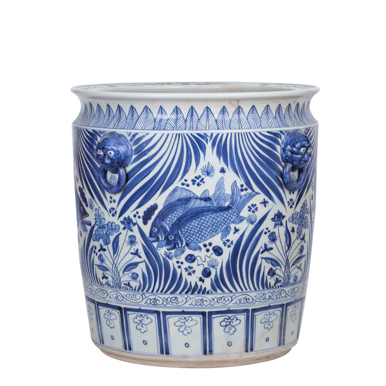 Legend of Asia Blue And White Porcelain Fish Planter With Lion Handle - Image 2