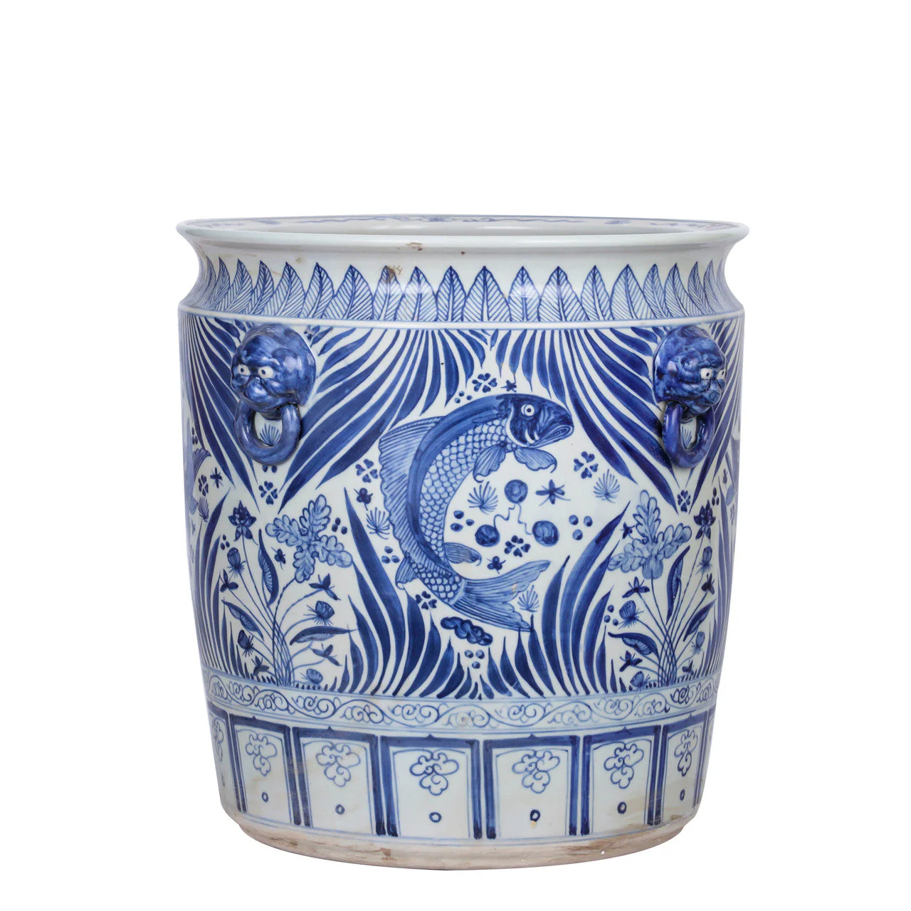 Legend of Asia Blue And White Porcelain Fish Planter With Lion Handle - Image 3