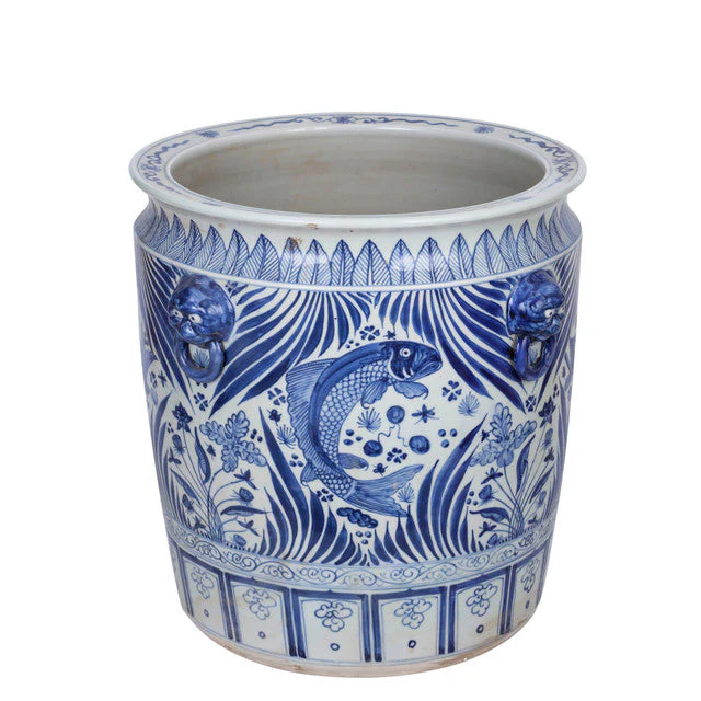 Legend of Asia Blue And White Porcelain Fish Planter With Lion Handle - Image 4