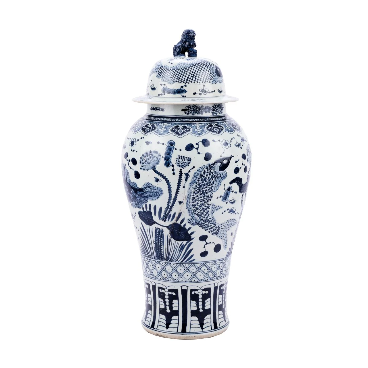 Legend of Asia Blue And White Porcelain Fish Temple Jar Lion Lid - XL