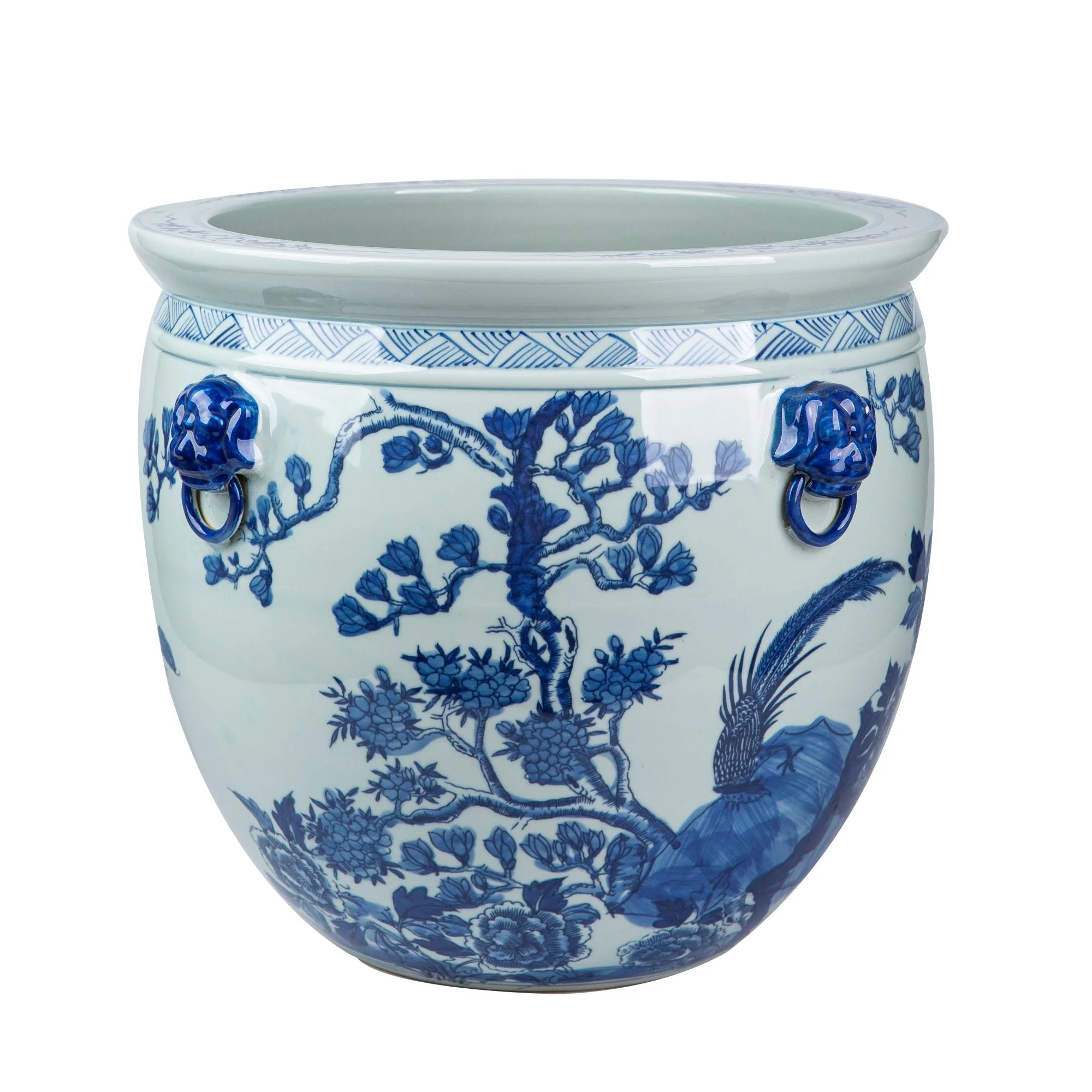 Legend of Asia Blue And White Porcelain Magnolia Pheasant Planter Lion Handle - Image 5