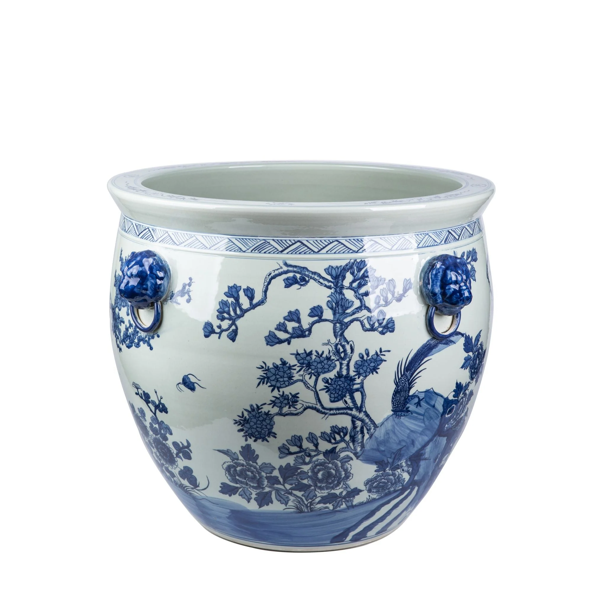 Legend of Asia Blue And White Porcelain Magnolia Pheasant Planter Lion Handle - Image 6