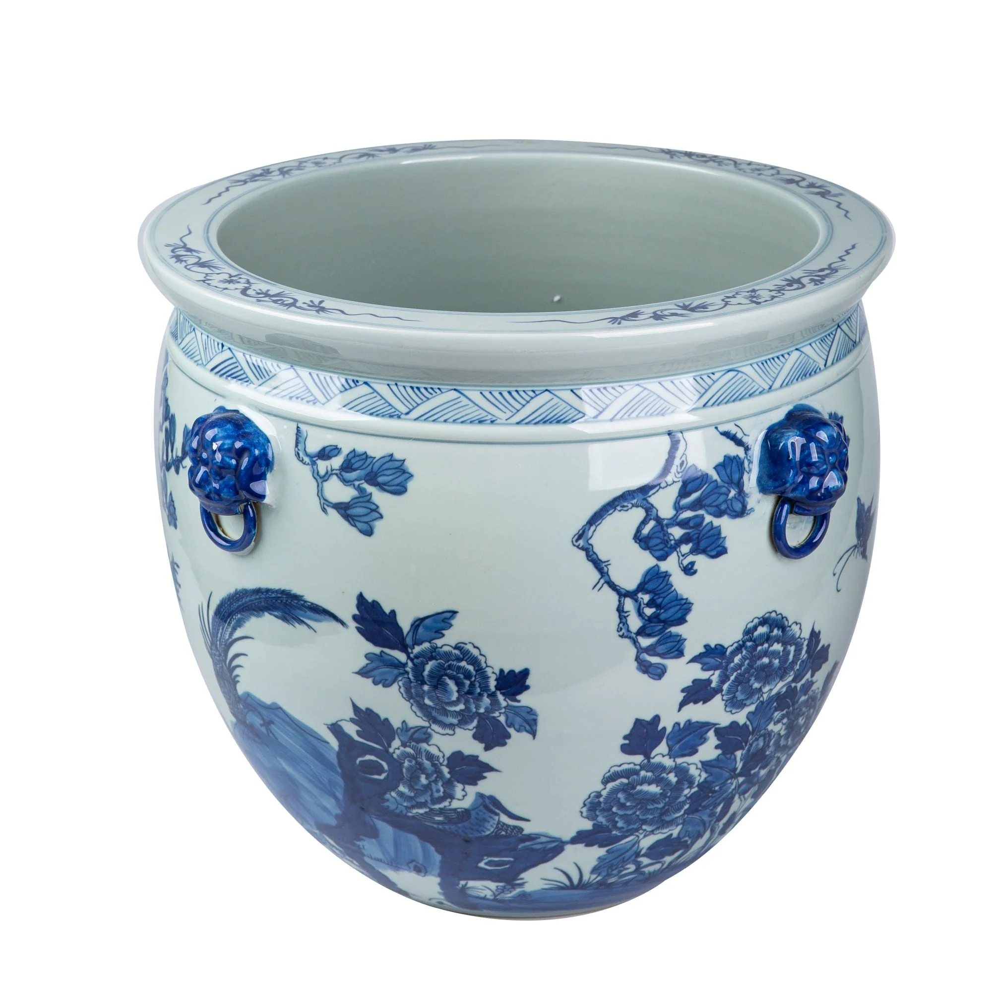 Legend of Asia Blue And White Porcelain Magnolia Pheasant Planter Lion Handle - Image 8