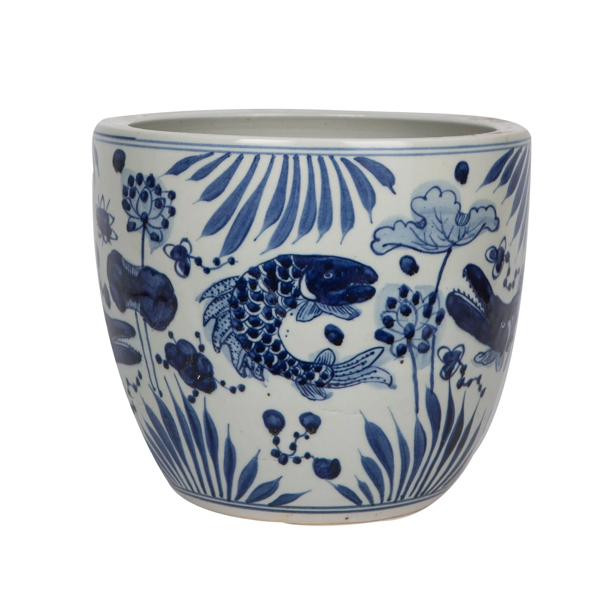 Legend of Asia Blue And White Porcelain Planter Fish Lotus Motif