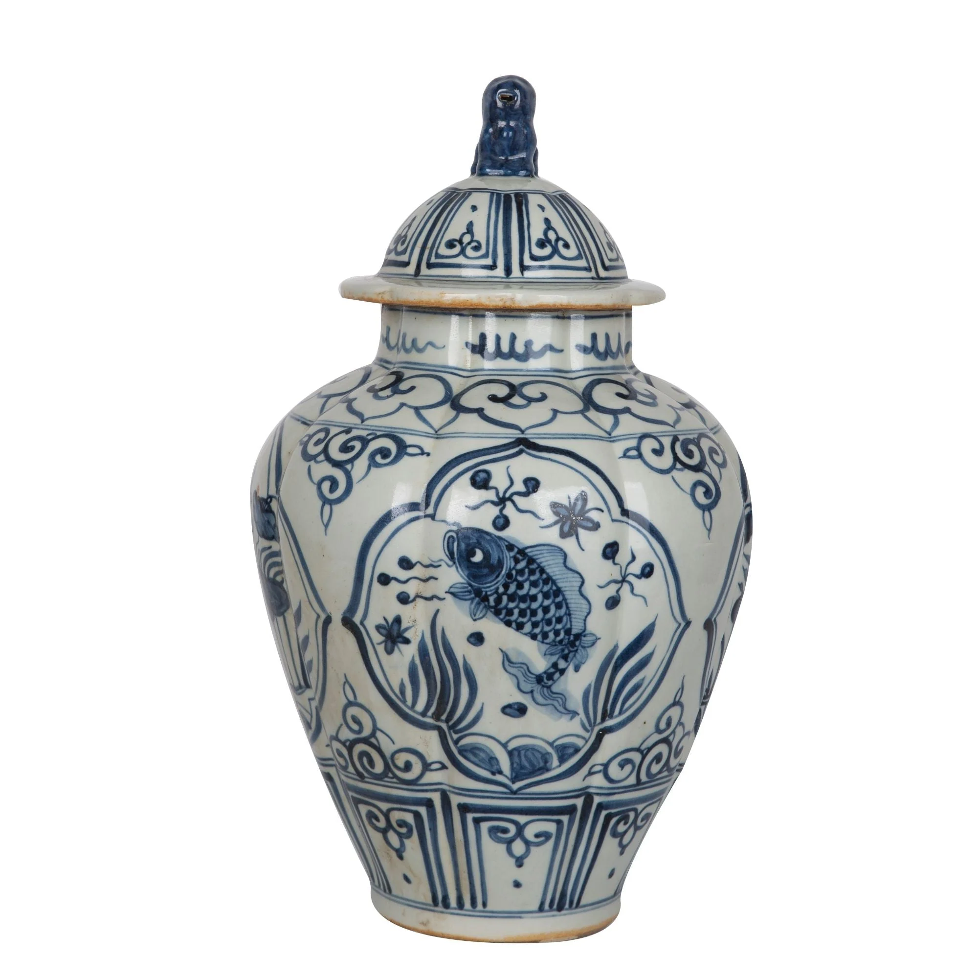 Legend of Asia Blue And White Ridged Jar Fish Motif