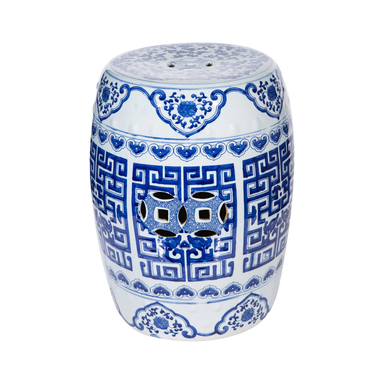 Legend of Asia Blue and White Round Geometric Garden Stool