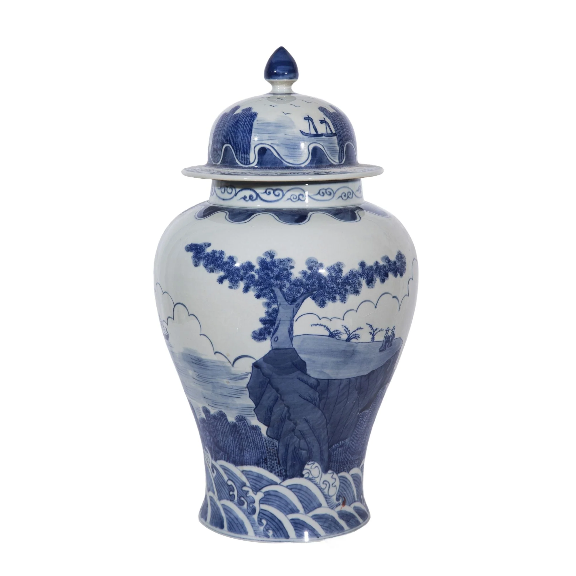 Legend of Asia Blue And White Sail Boat Temple Jar
