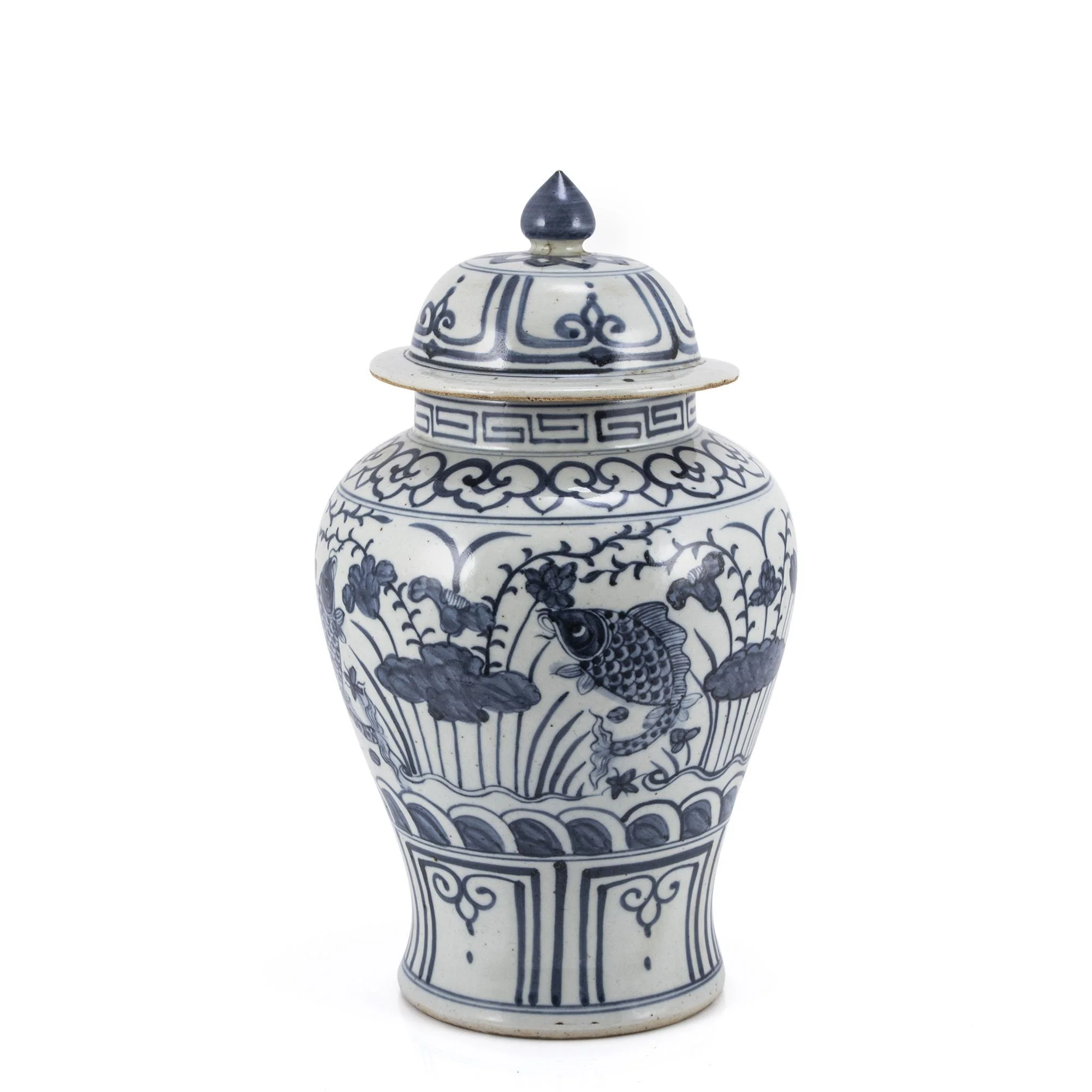 Legend of Asia Blue And White Small Porcelain Temple Jar Fish Lotus Motif