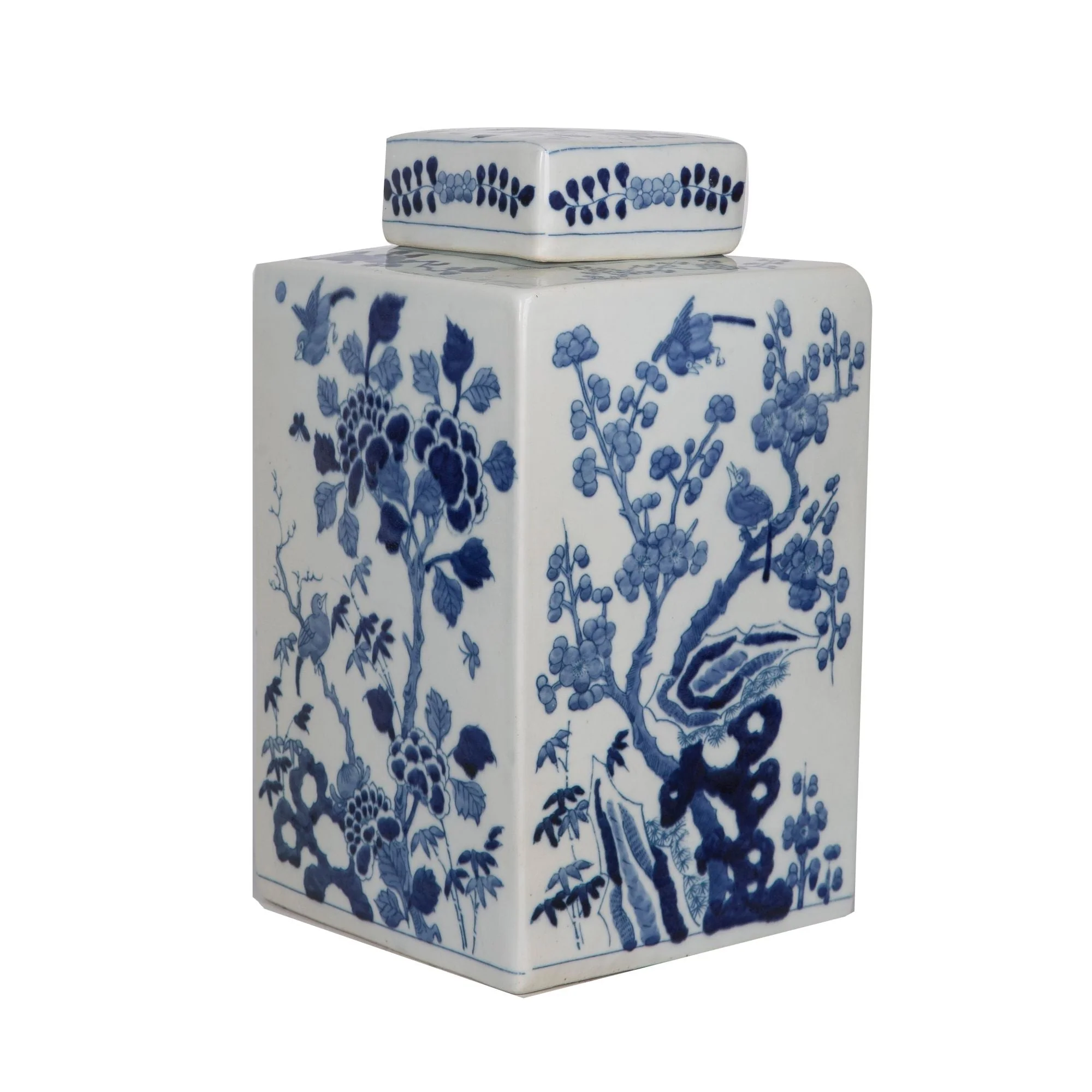 Legend of Asia Blue And White Square Tea Jar Bird Floral Motif