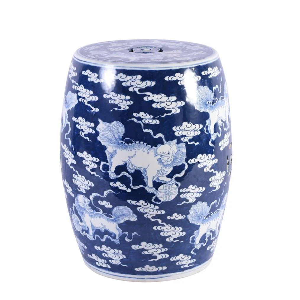 Legend of Asia Blue Porcelain Garden Stool With White Lion Motif -