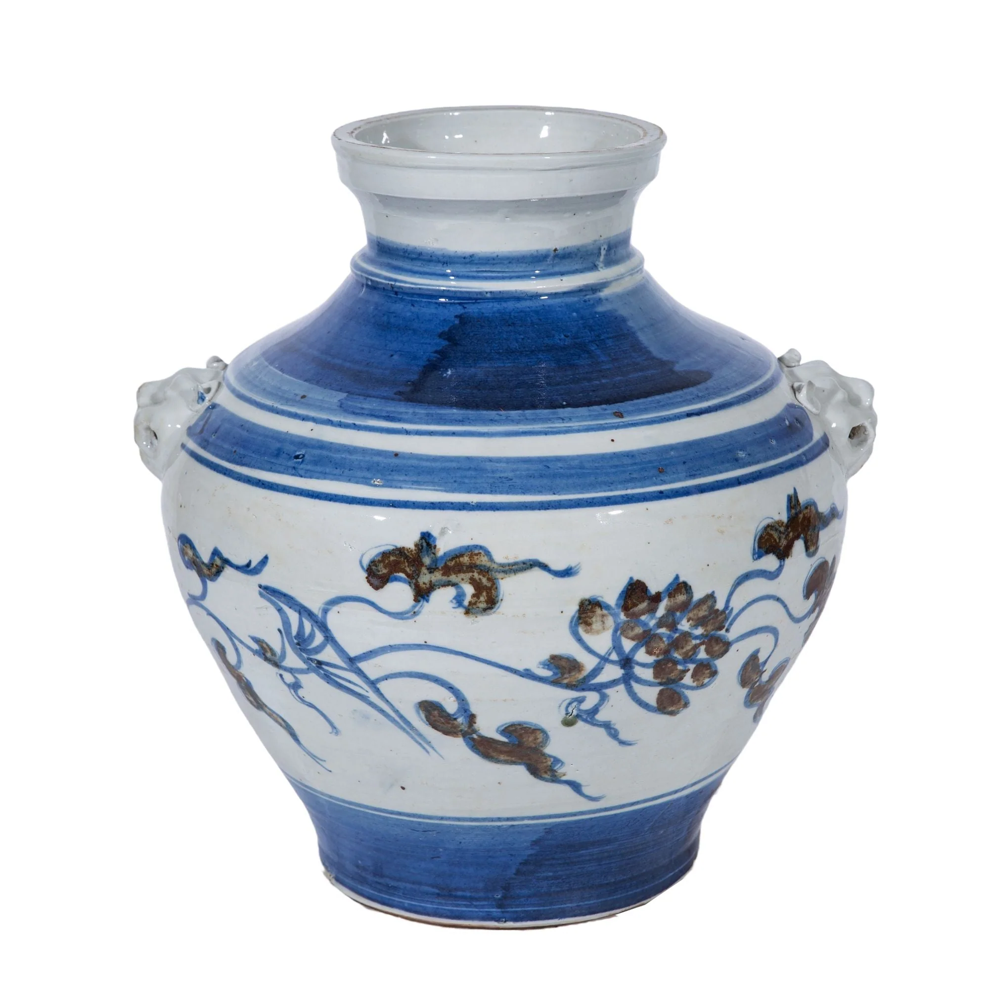 Legend of Asia Blue Striped Lotus Lion Handle Jar - M