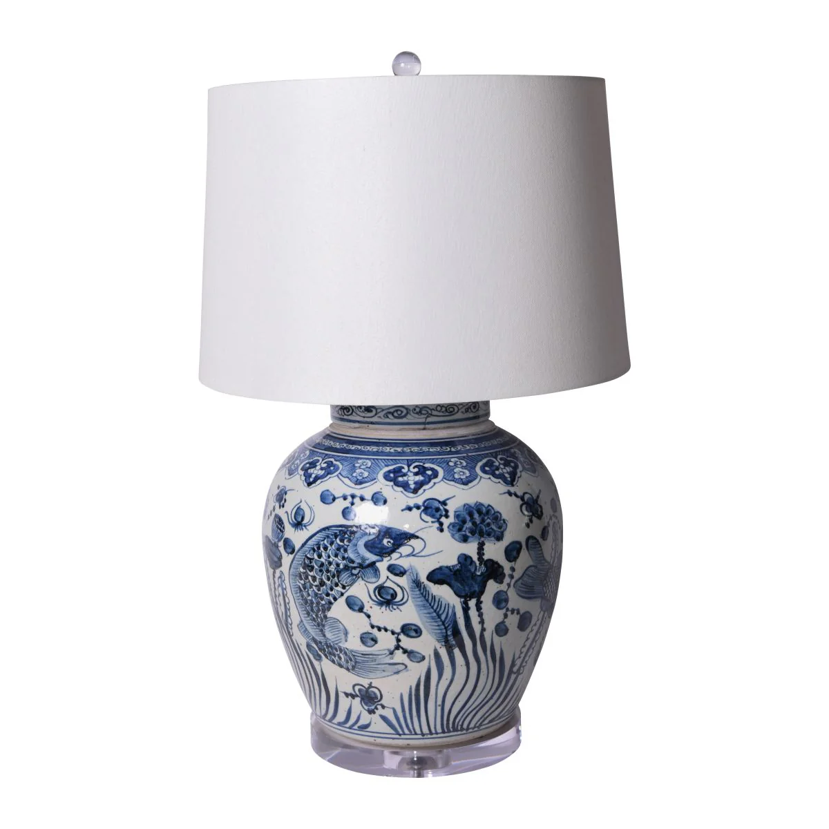 Legend of Asia Blue & White Ancestor Lidded Jar Fish Lamp