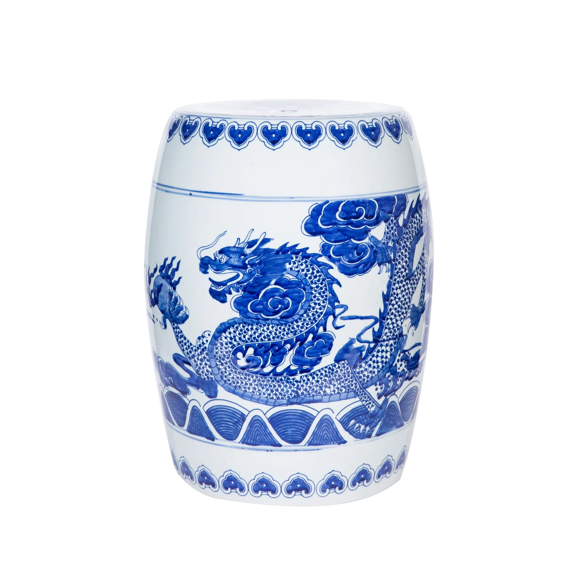 Legend of Asia Blue & White Garden Stool Dragon Cloud Motif