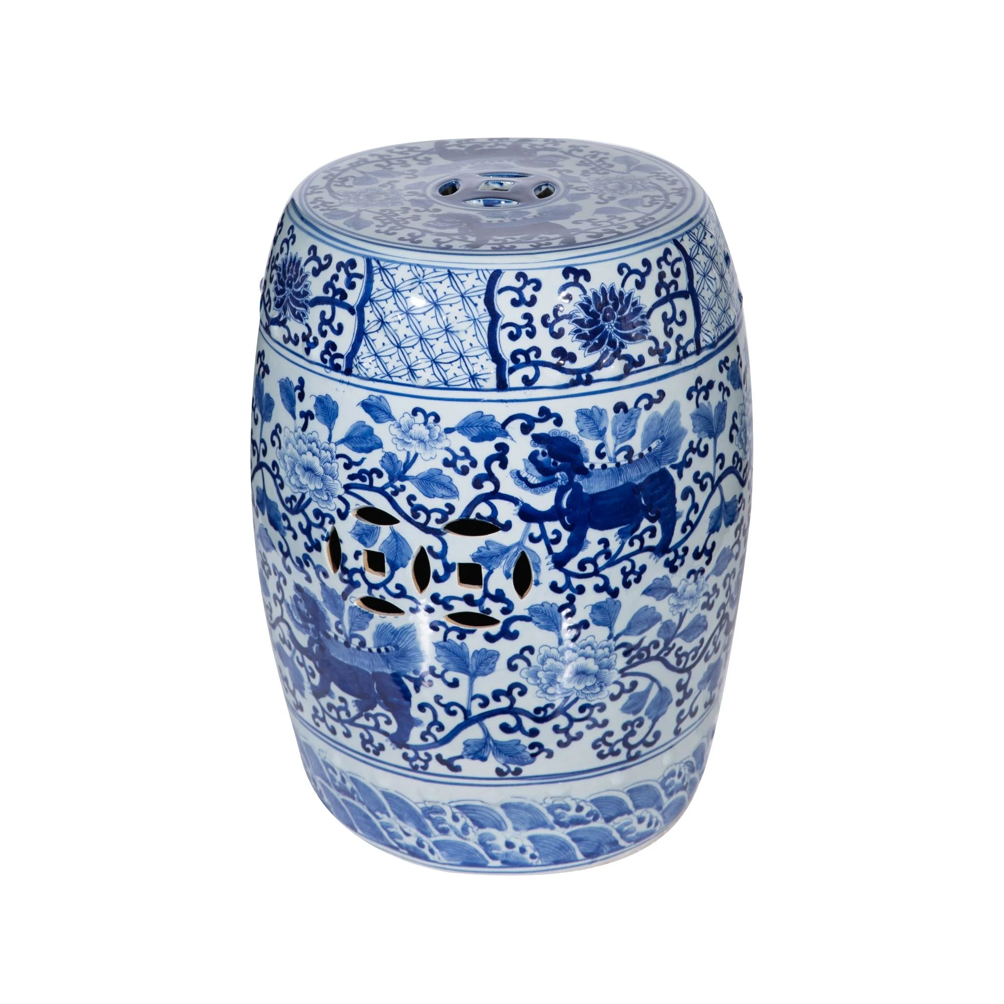 Legend of Asia Blue & White Garden Stool Twisted Lotus Kirin Motif