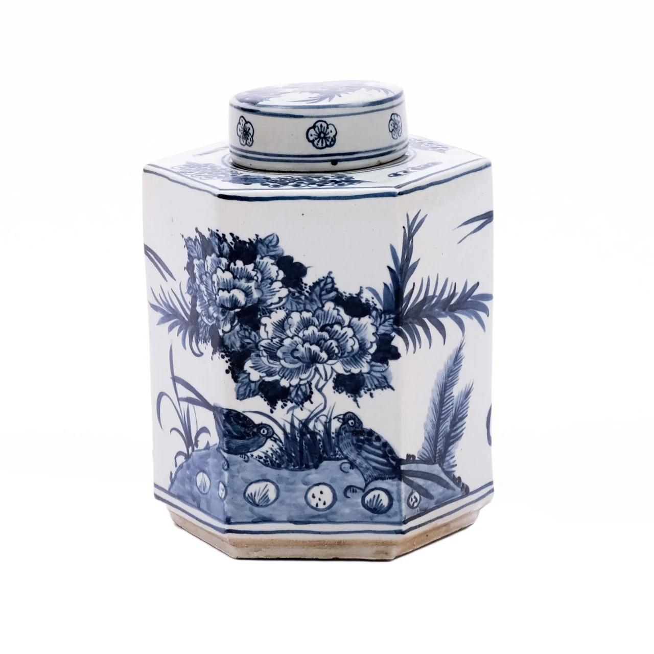 Legend of Asia Blue & White Hexagonal Flower Bird Tea Jar