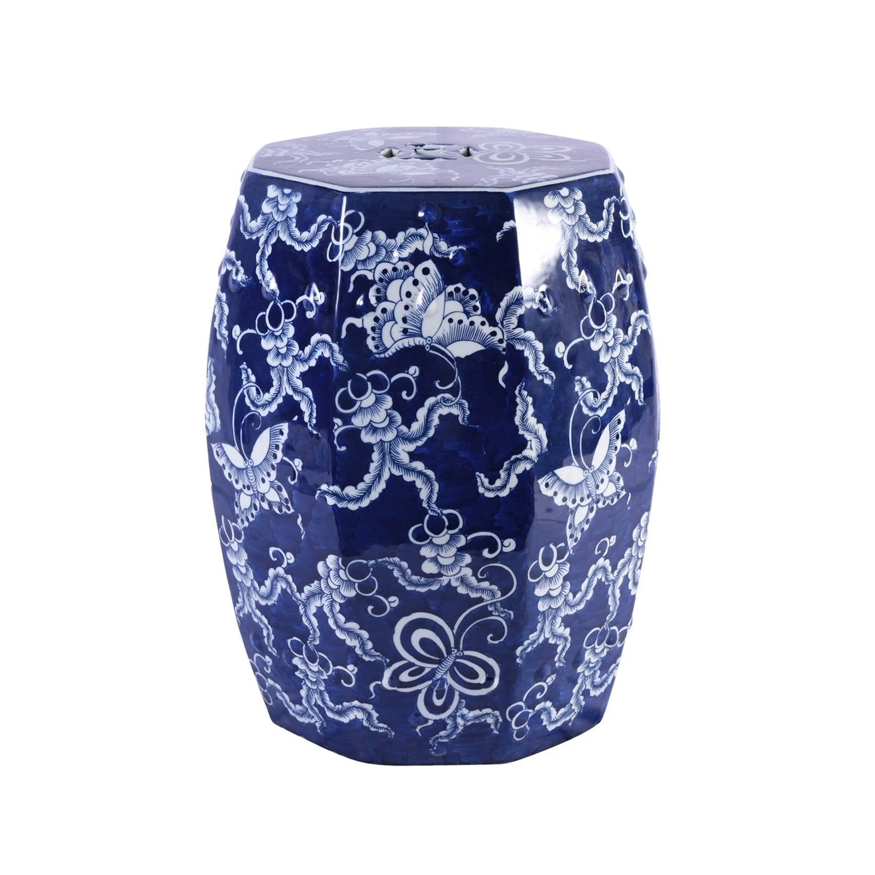 Legend of Asia Blue & White Octagonal Butterfly Garden Stool