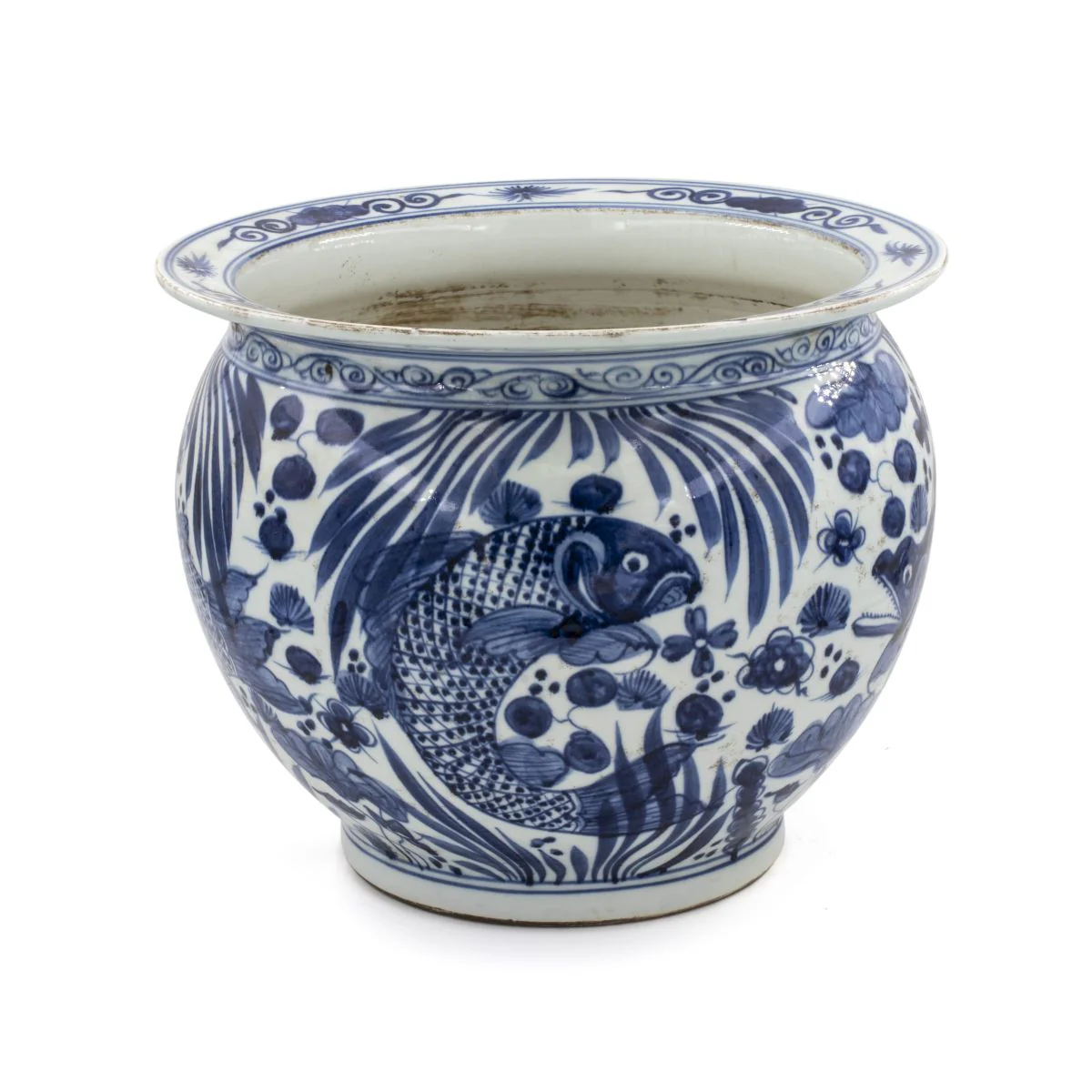Legend of Asia Brown And White Porcelain Pot Planter Fish Scale Motif