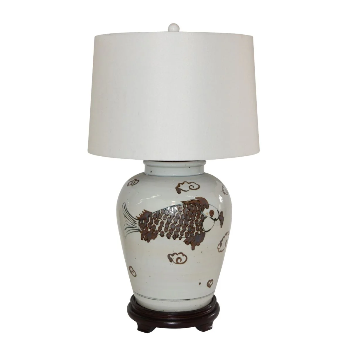 Legend of Asia Brown Fish Open Top Jar Lamp Wood Base