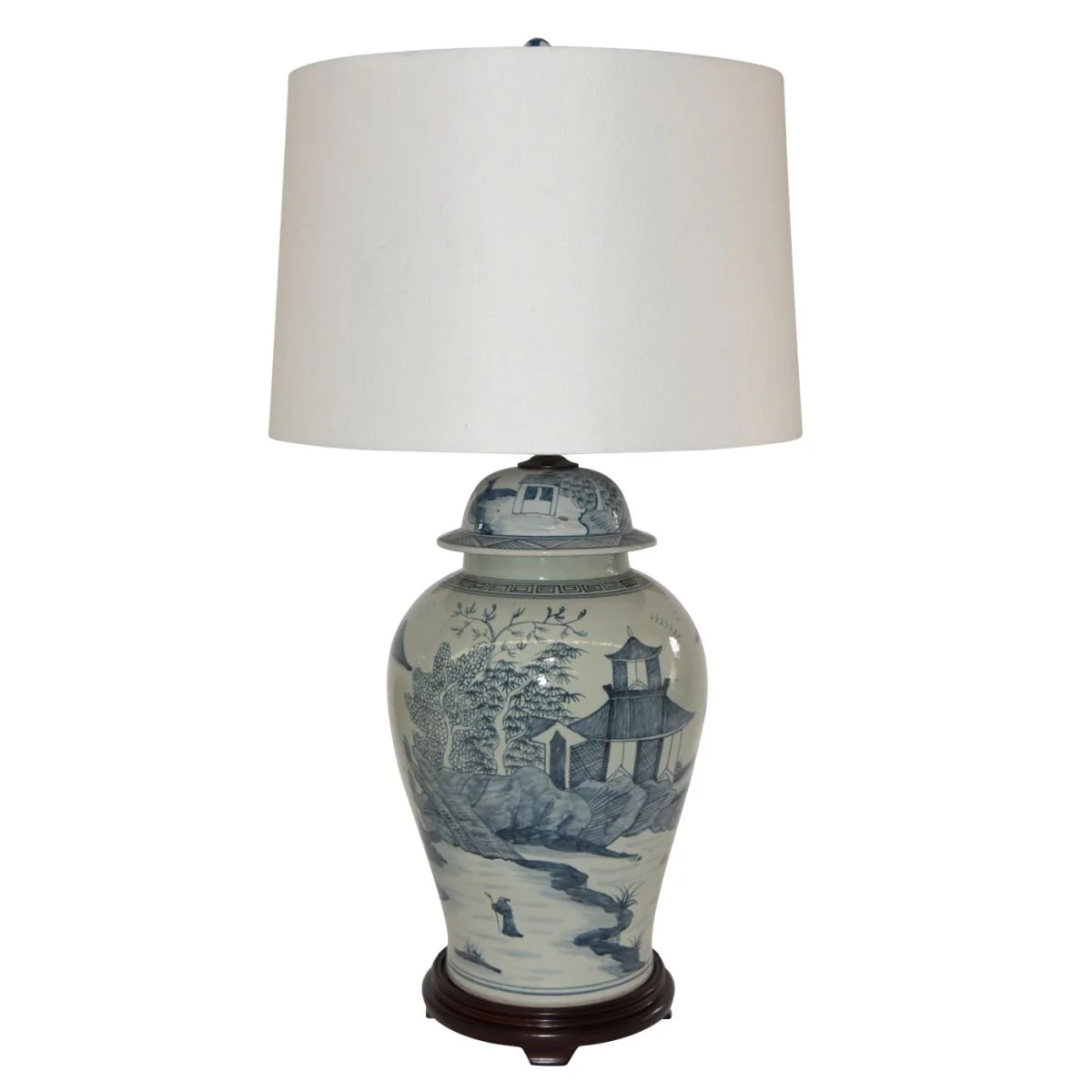 Legend of Asia BW Pagoda Landscape Jar Lamp Wood Base