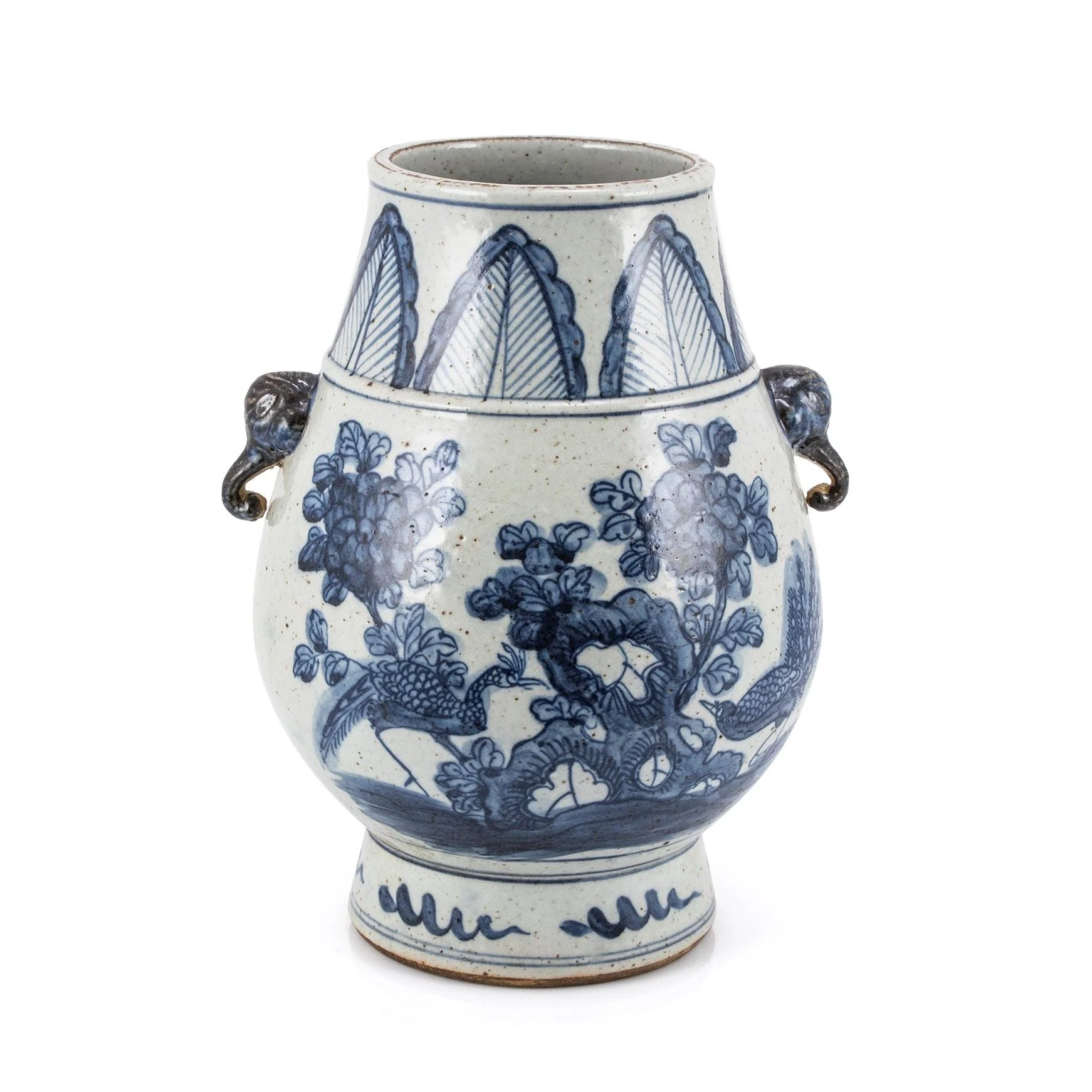 Legend of Asia BW Pheasant Flower Jar With Elephant Handle