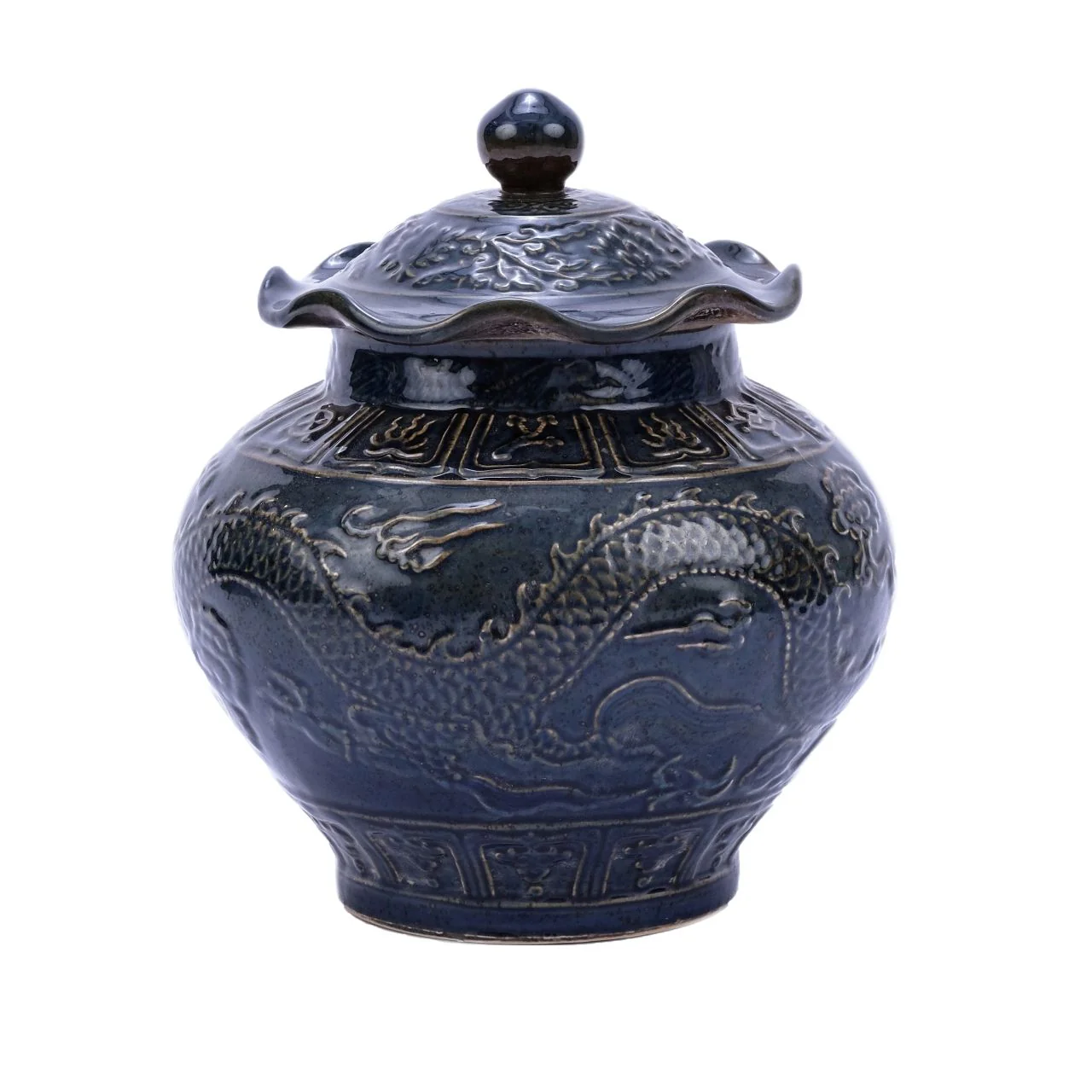 Legend of Asia Carved Dragon Lotus Jar Speckled Indigo
