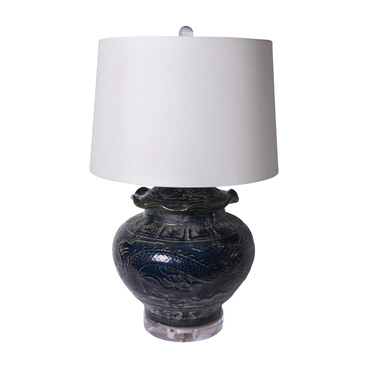 Legend of Asia Carved Dragon Lotus Jar Speckled Indigo Lamp Acrylic Base