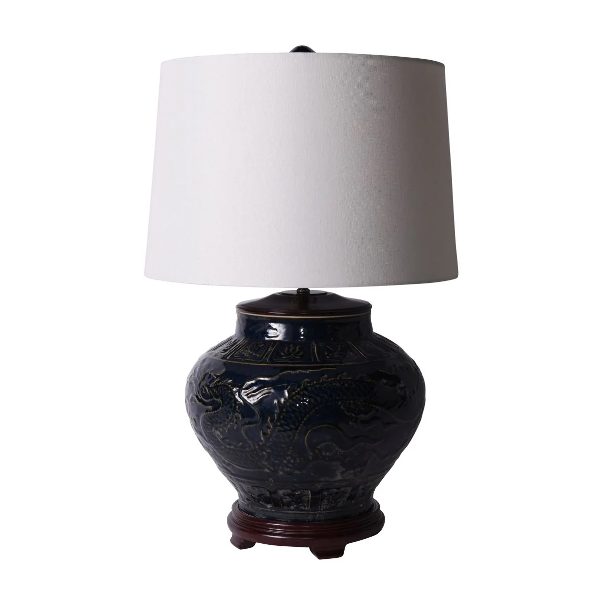 Legend of Asia Carved Dragon Lotus Jar Speckled Indigo Lamp Wood Base