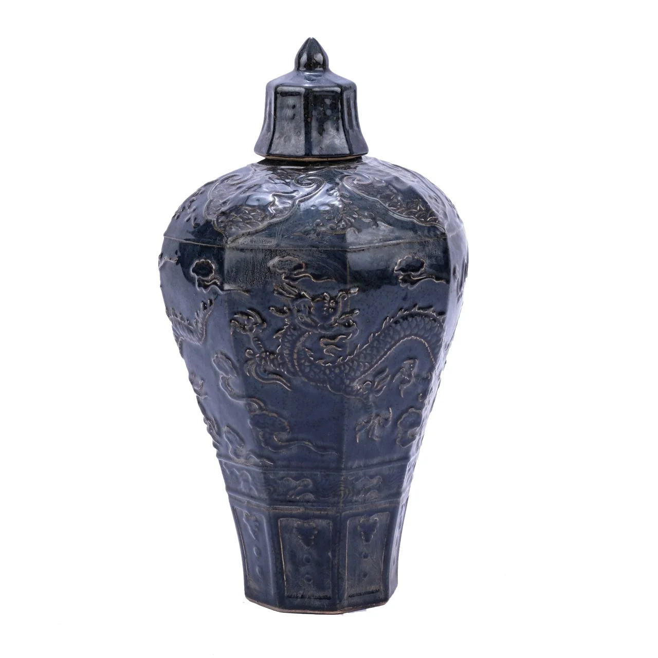 Legend of Asia Carved Dragon Plum Vase Speckled Indigo