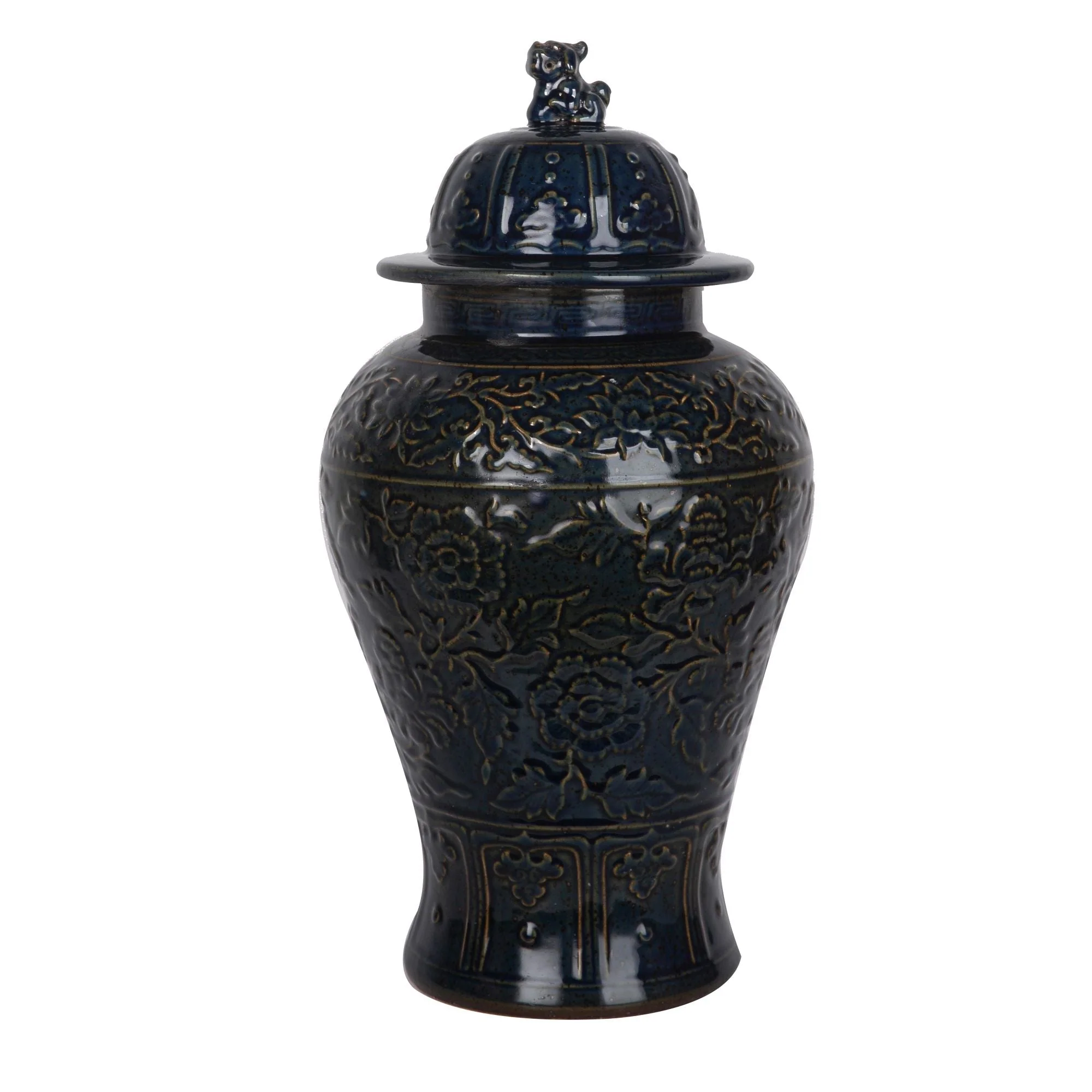 Legend of Asia Carved Flower Temple Jar Speckled Indigo