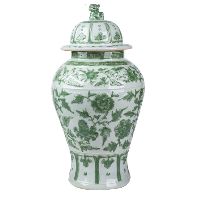 Legend of Asia Celadon Green Carved Floral Temple Jar Lion Lid