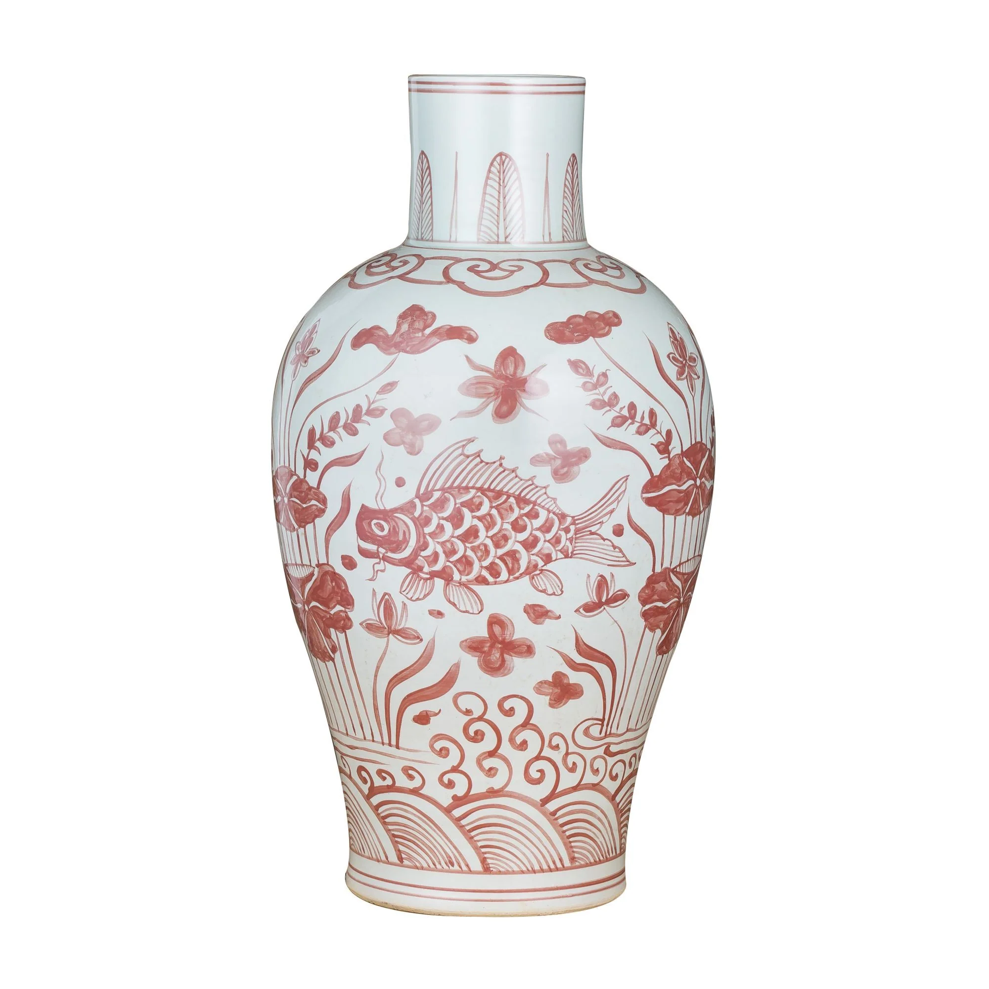 Legend of Asia Coral Red Baluster Vase Fish Motif - Small