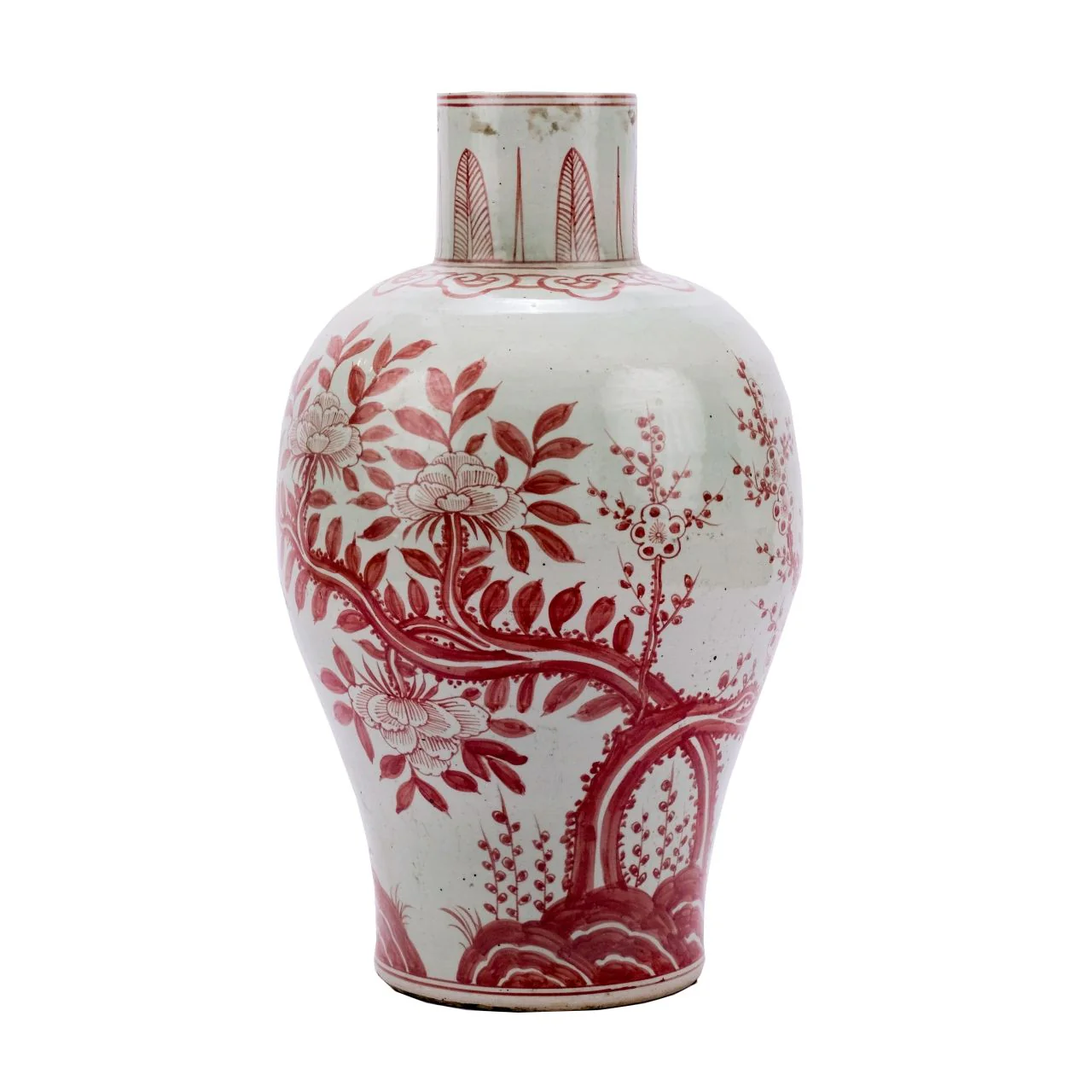 Legend of Asia Coral Red Baluster Vase Plum Tree Motif