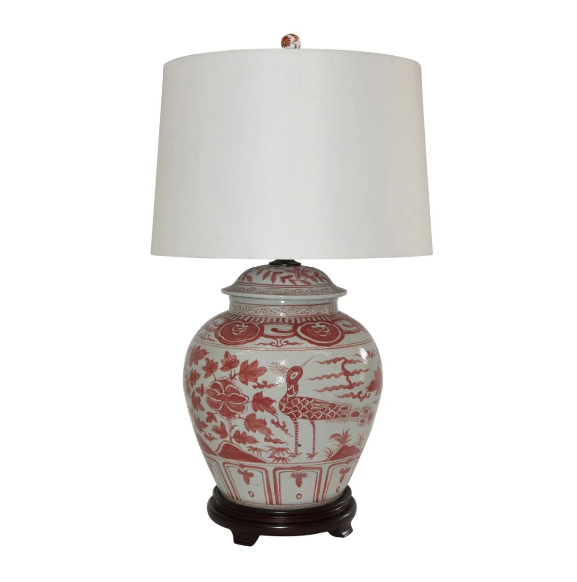 Legend of Asia Coral Red Barn Jar Bird Motif Lamp Wood Base