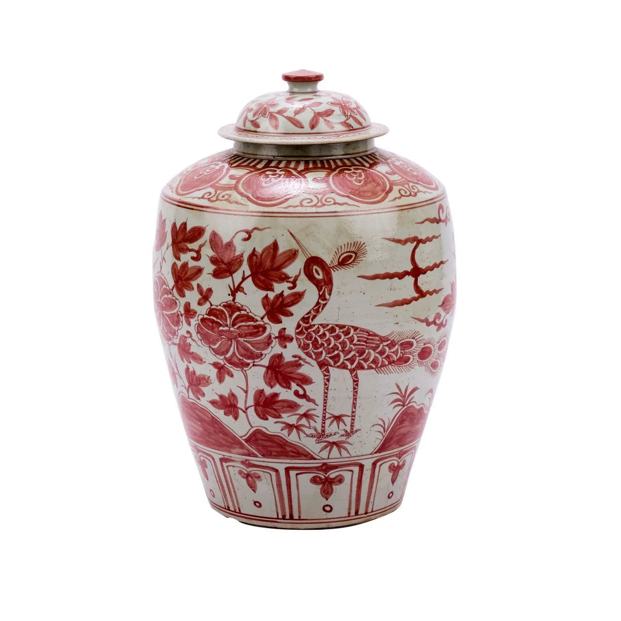 Legend of Asia Coral Red Barn Jar Bird Motif Large