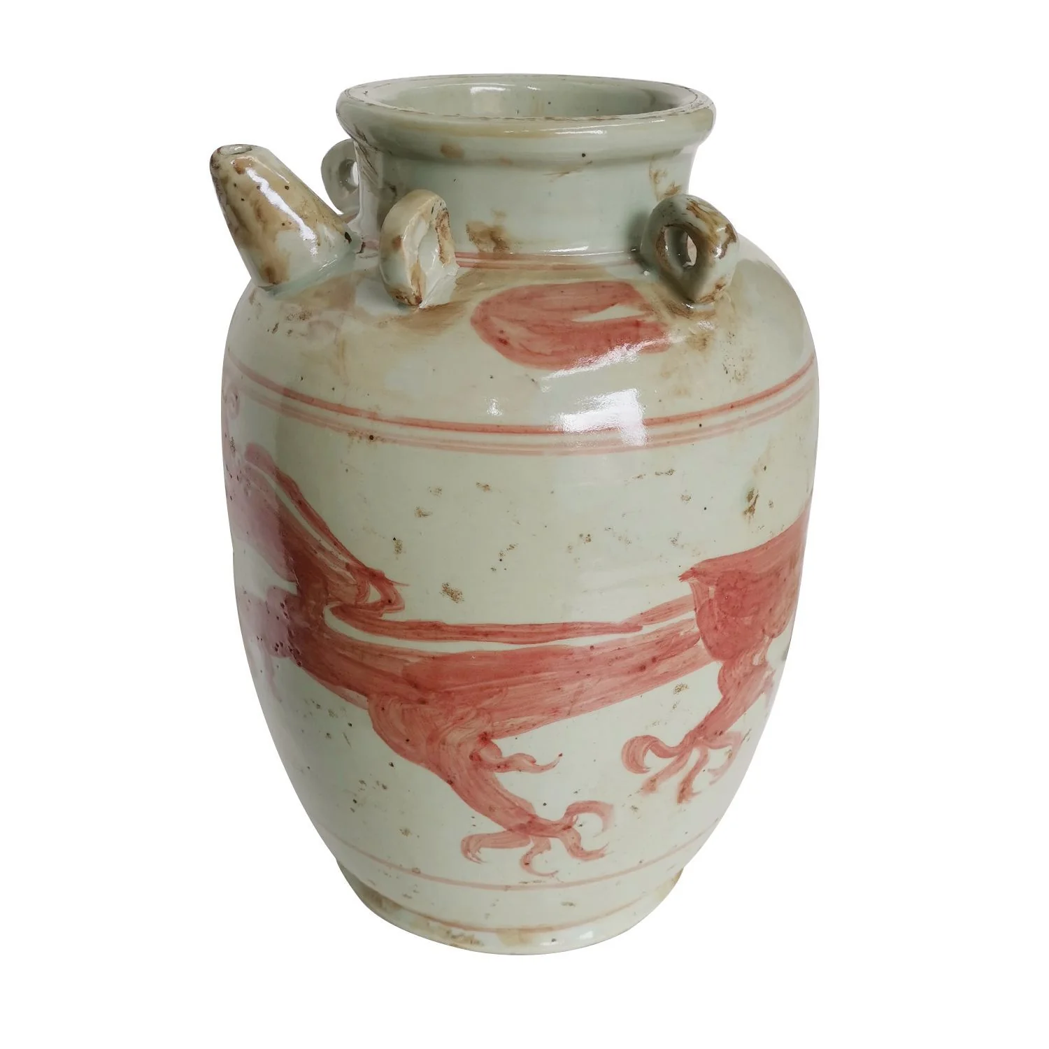 Legend of Asia Coral Red Dragon Four Ear Pot