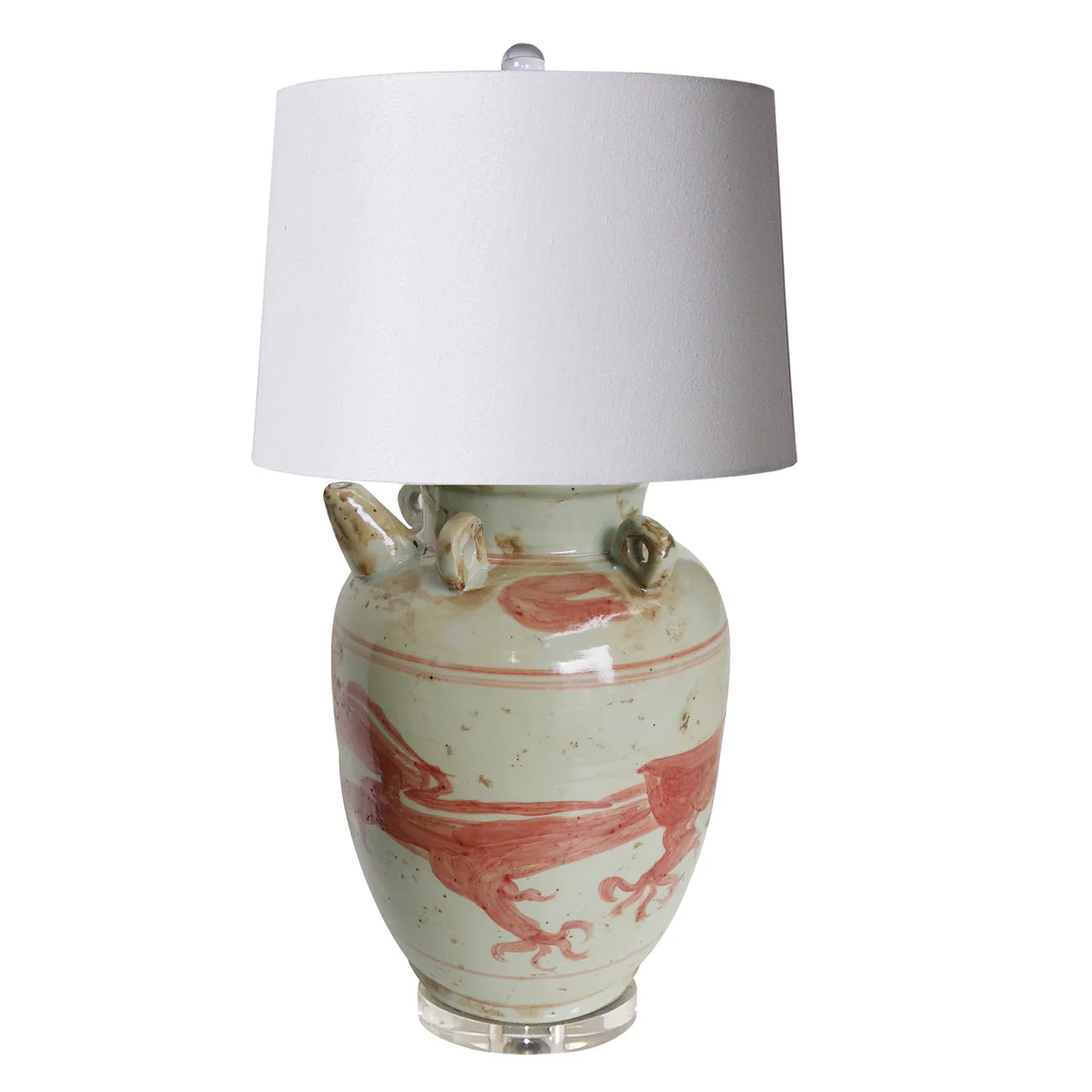 Legend of Asia Coral Red Dragon Four Ears Porcelain Pot Table Lamp