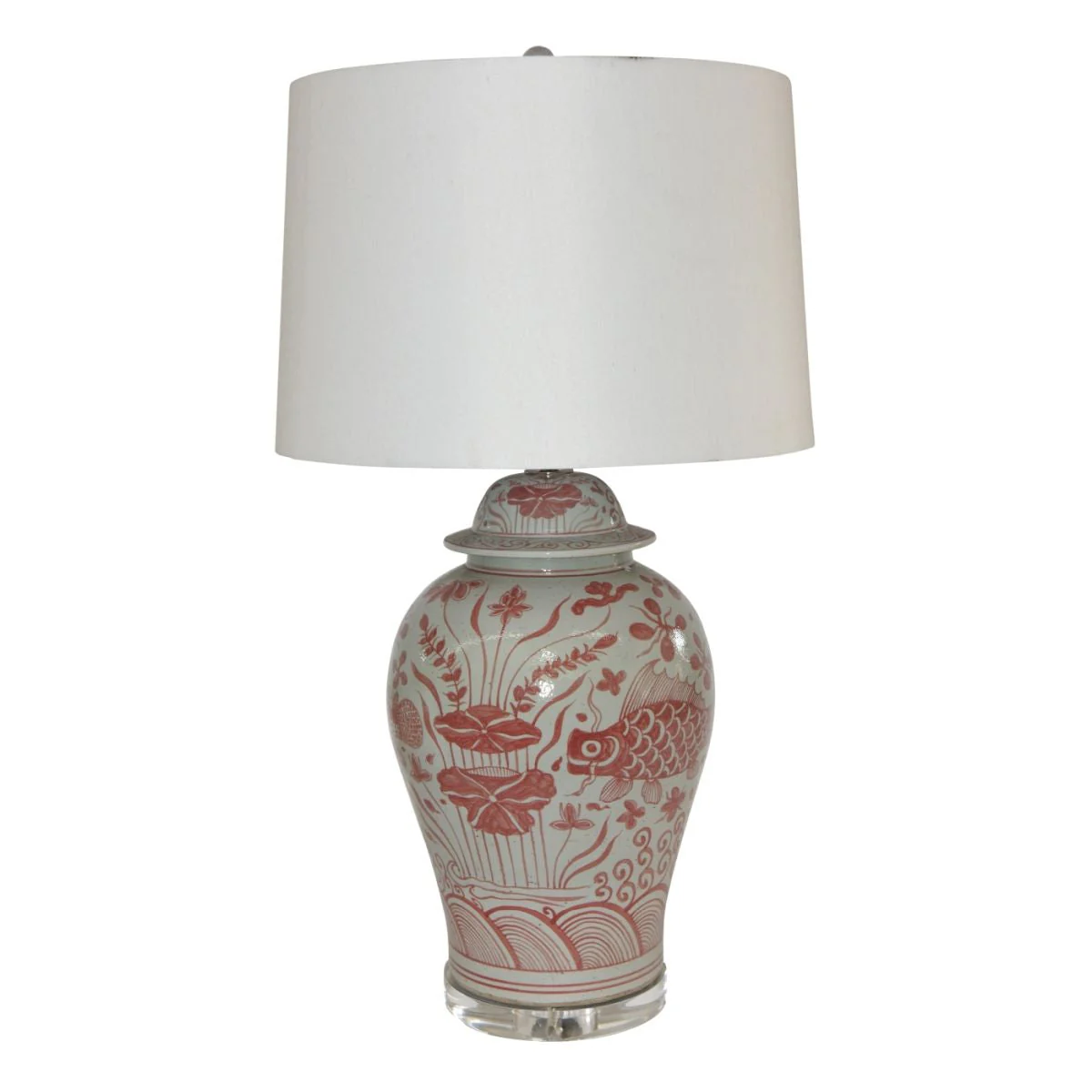 Legend of Asia Coral Red Fish Temple Jar Table Lamp