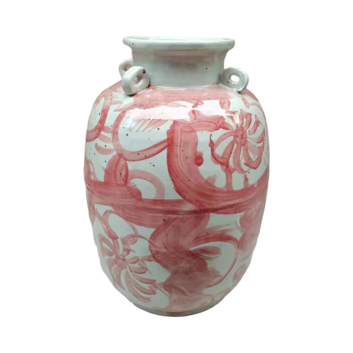 Legend of Asia Coral Red Four Loop Handle Jar Twisted Flower Motif