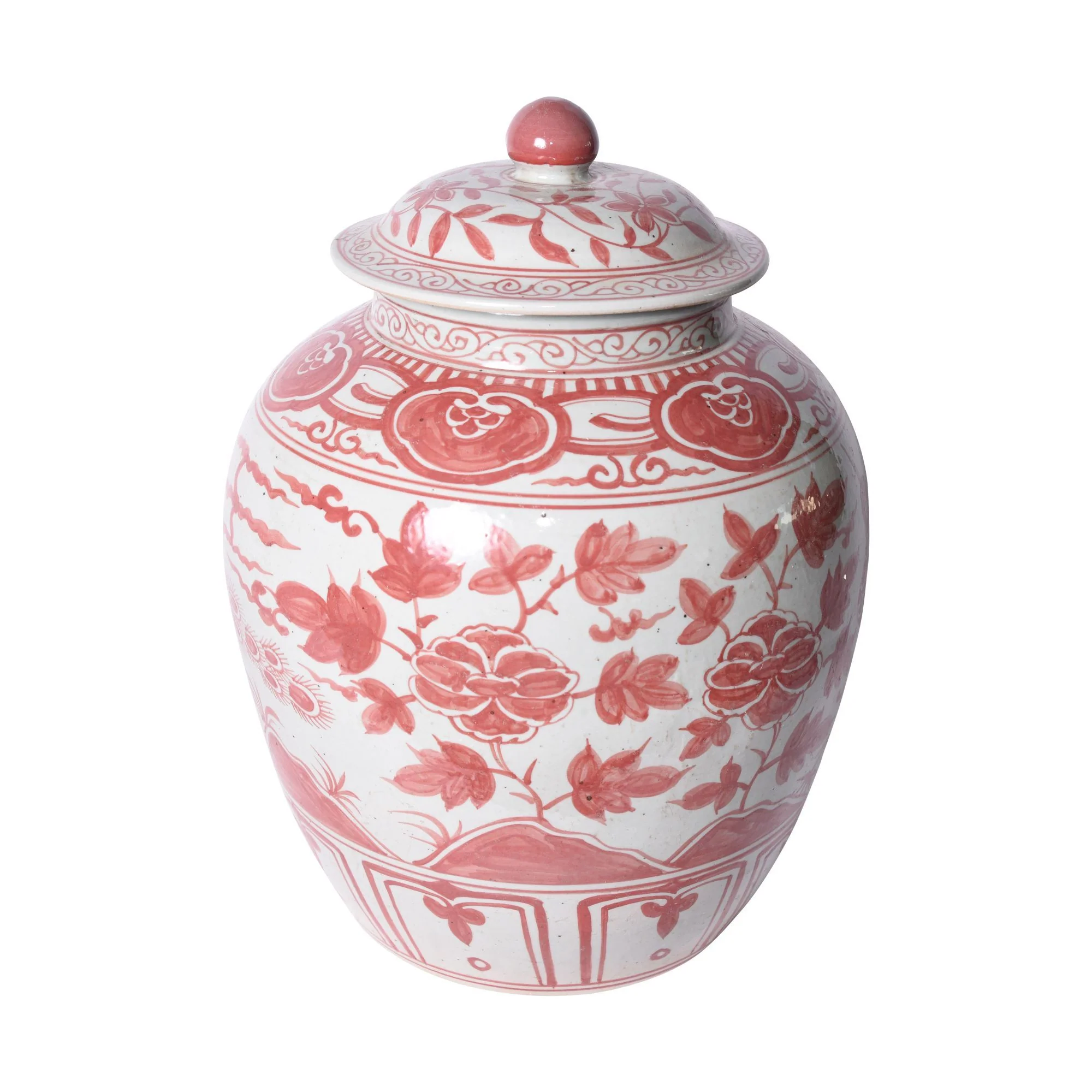 Legend of Asia Coral Red Ginger Jar Bird Motif Large