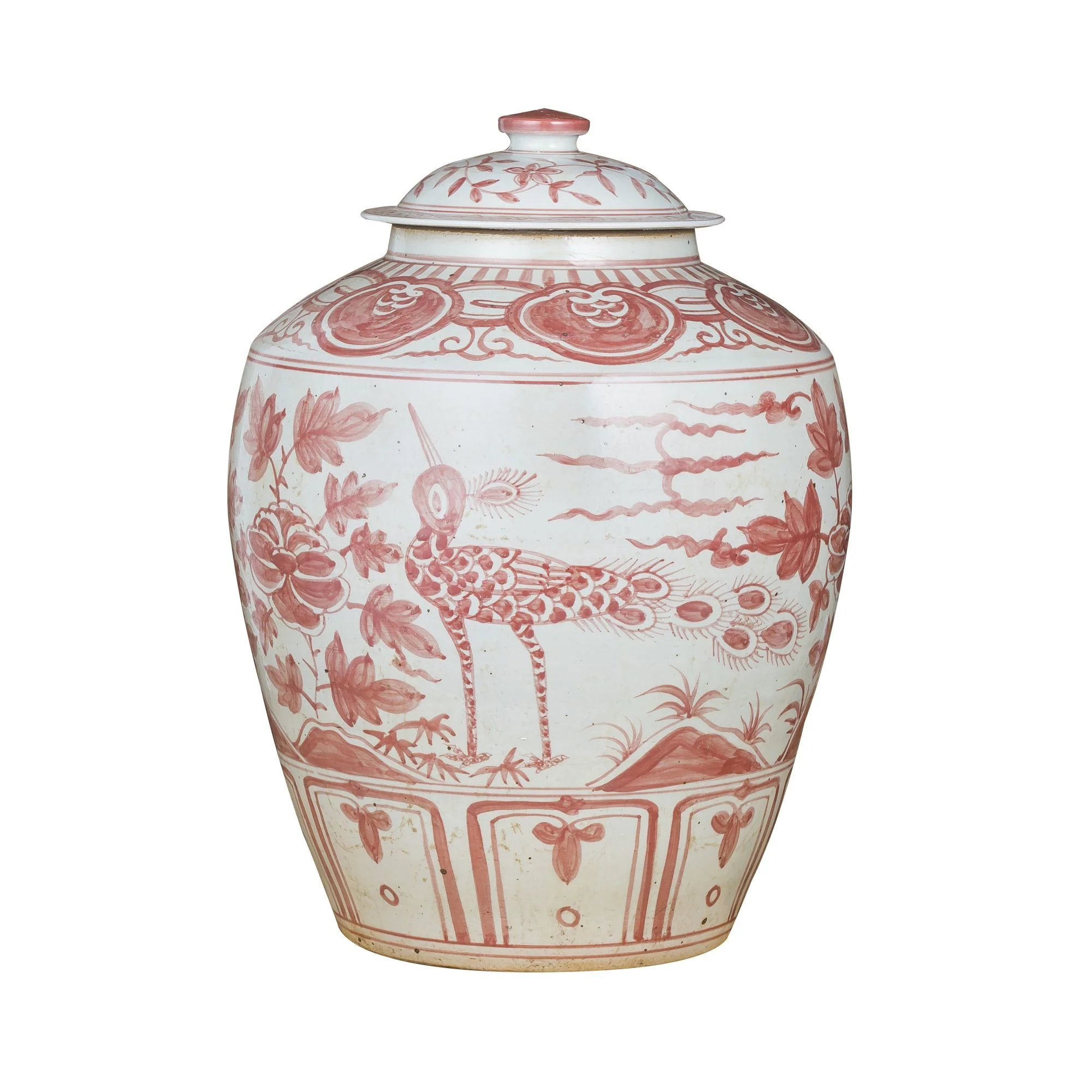 Legend of Asia Coral Red Ginger Jar Bird Motif Small